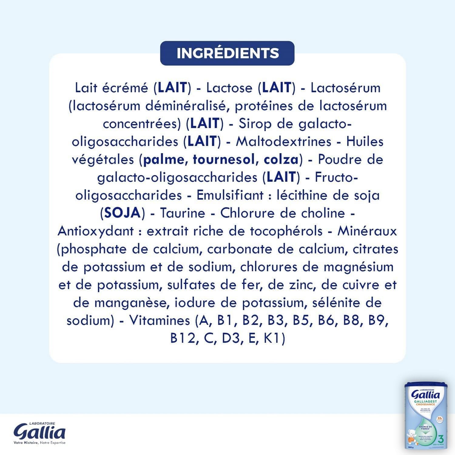 Laboratoire Gallia - Galliagest Croissance 3ème âge - Lait en Poudre pour Bébé - Dès 12 Mois - 78 Biberons - Lot de 3x900g