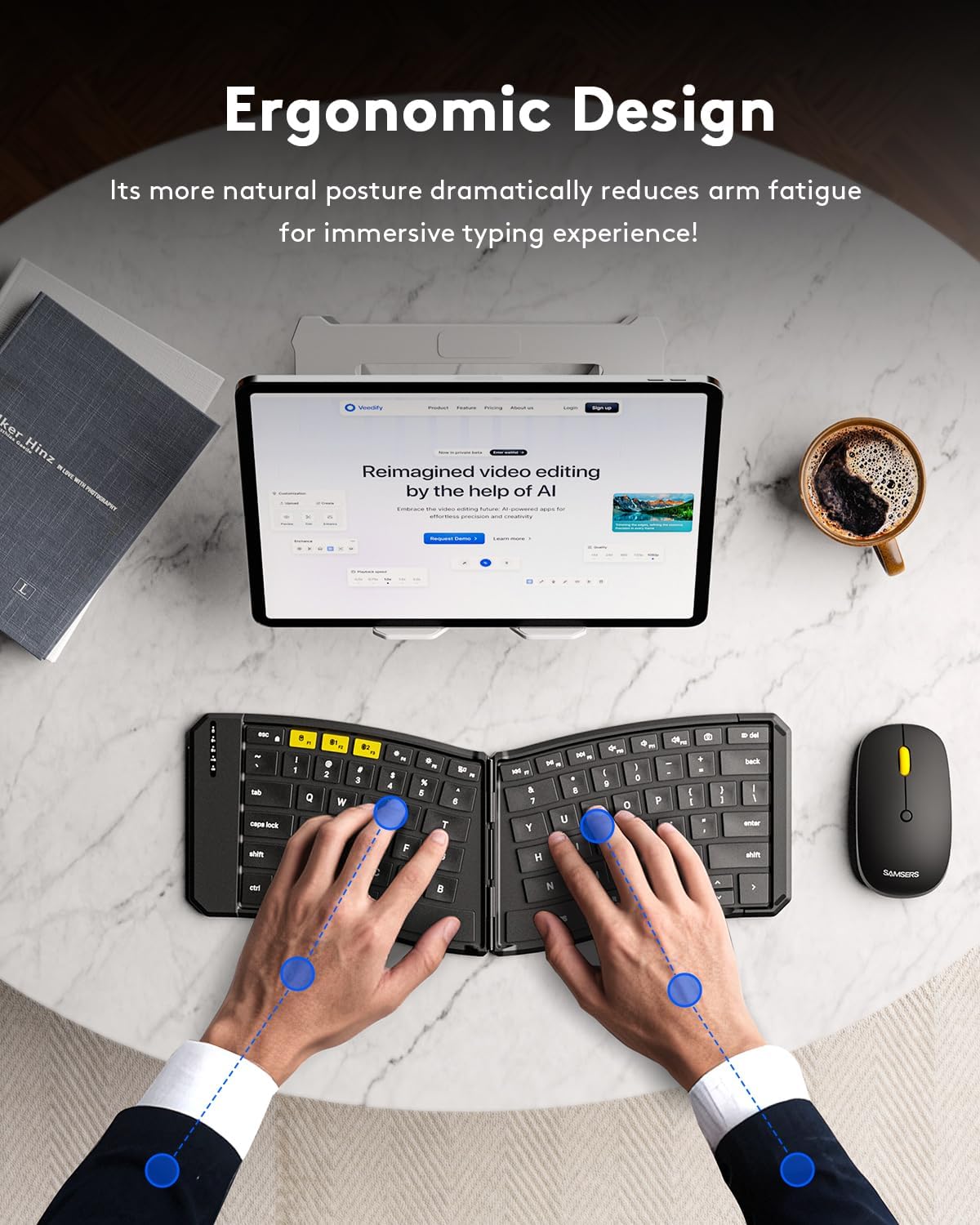 Ergonomic Foldable Keyboard and Mouse, Samsers KM09 Split Folding Bluetooth Keyboard Combo, 2.4G + BT5.0 x2, 6-Row Layout Portable Travel Keyboards & USB-C Wireless Mouse for iOS Android Windows MacOS