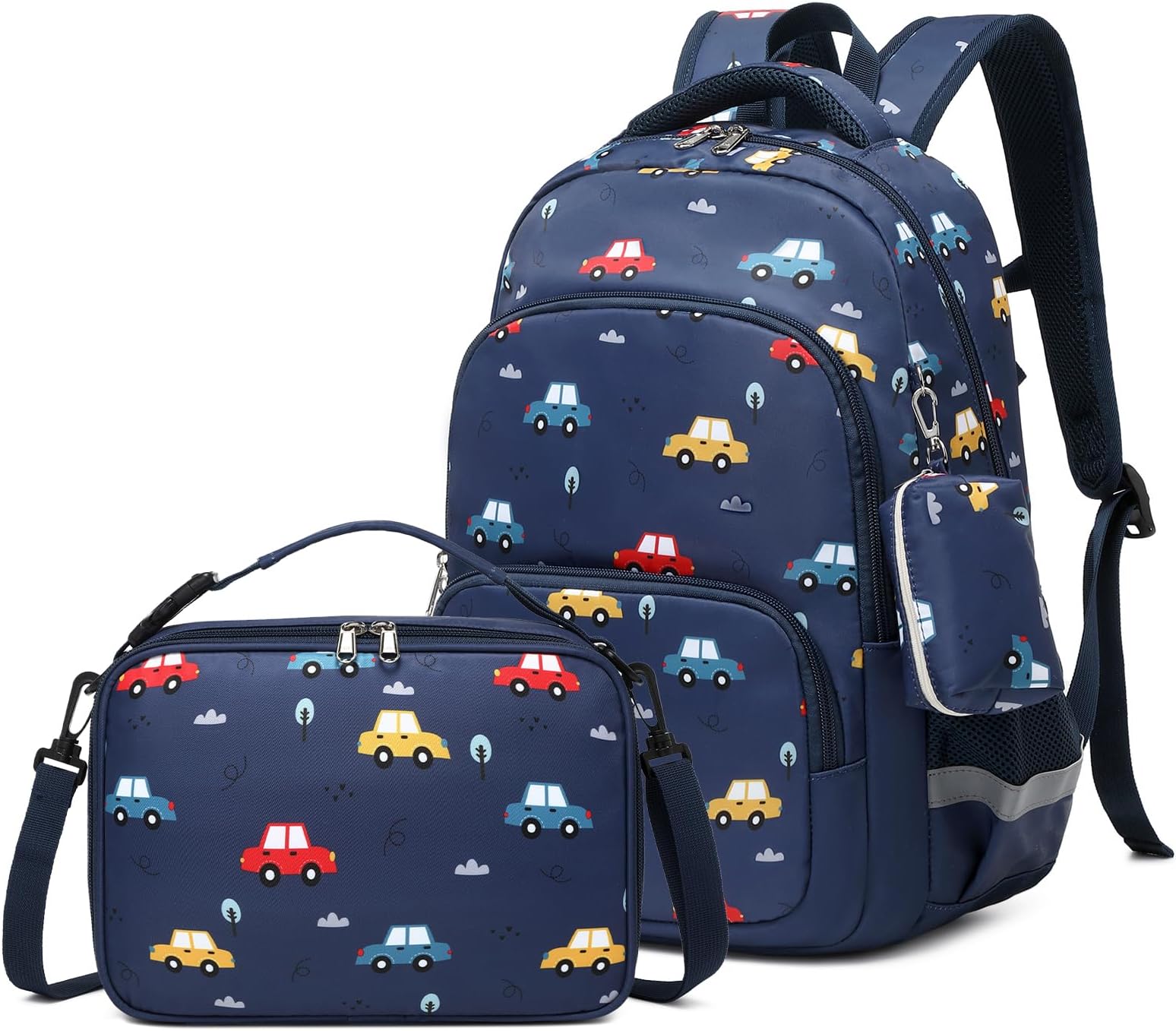 MIRLEWAIY Kids Backpack Boys Children School Bookbag 3 Pcs Set with Insulated Lunch Bag Coin Pouch, 15.7 inch Dark Blue Car