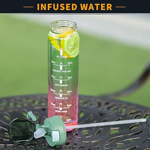 Miniatura 8 de SHBRIFA Botella de agua deportiva de vidrio de 32 onzas con popote y marcador de tiempo motivacional con funda de neopreno verde  rosa