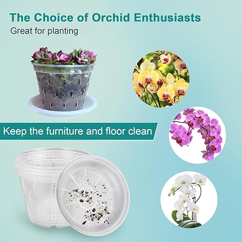 Miniatura 5 de Paquete de 4 macetas de orquídeas de 6.8 pulgadas con agujeros y platillos, macetas de orquídeas ranuradas transpirables para trasplantar, maceta de