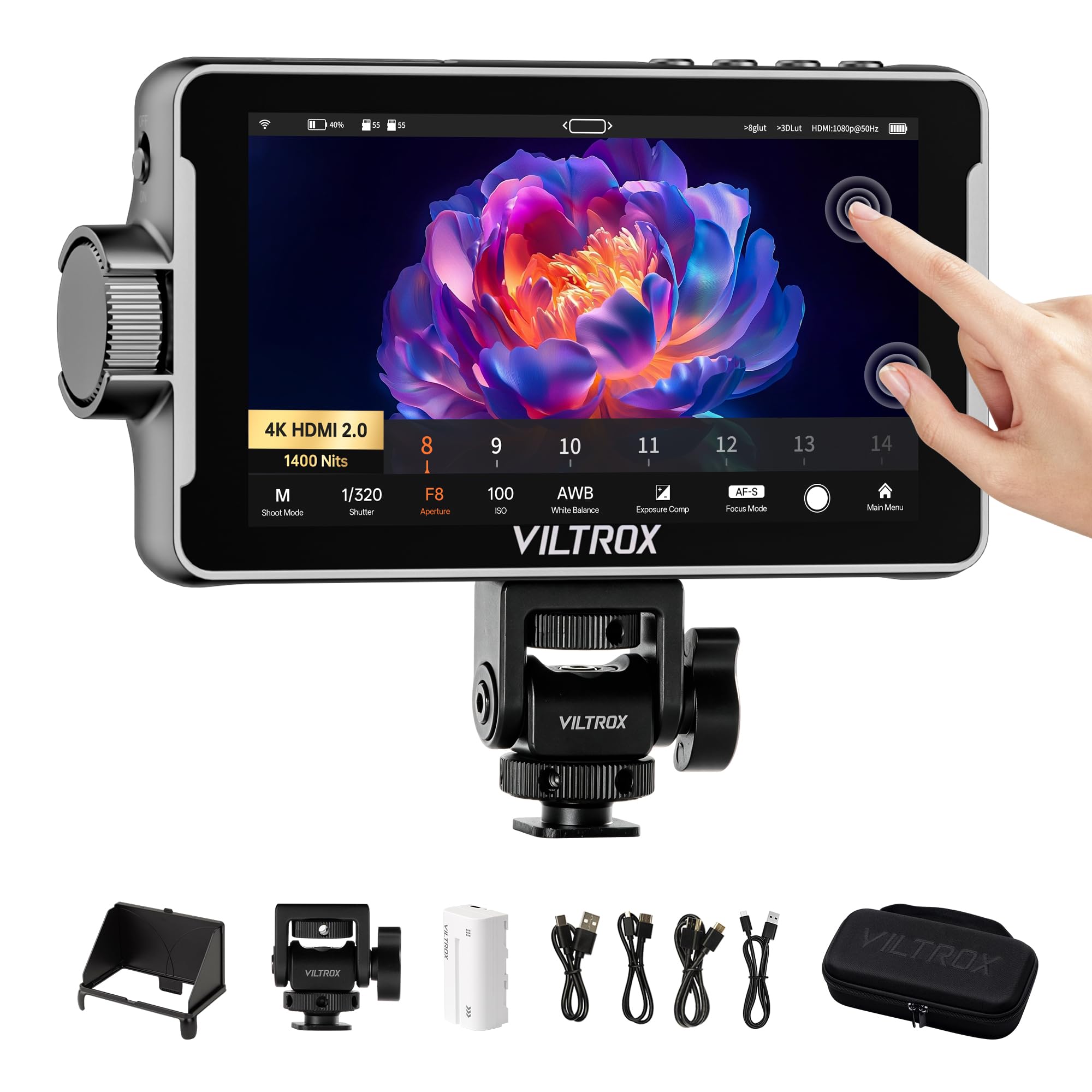 VILTROX DC-550 Pro II 5.5" 1400 nits Monitor polowy do kamery, dotykowy monitor wideo 4K @ 60 Hz HDMI 2.0 ze skórą cebuli, sterowanie kamerą USB/Wi-Fi, 3D LUT, żyroskop, De-Squeeze , kształt fali