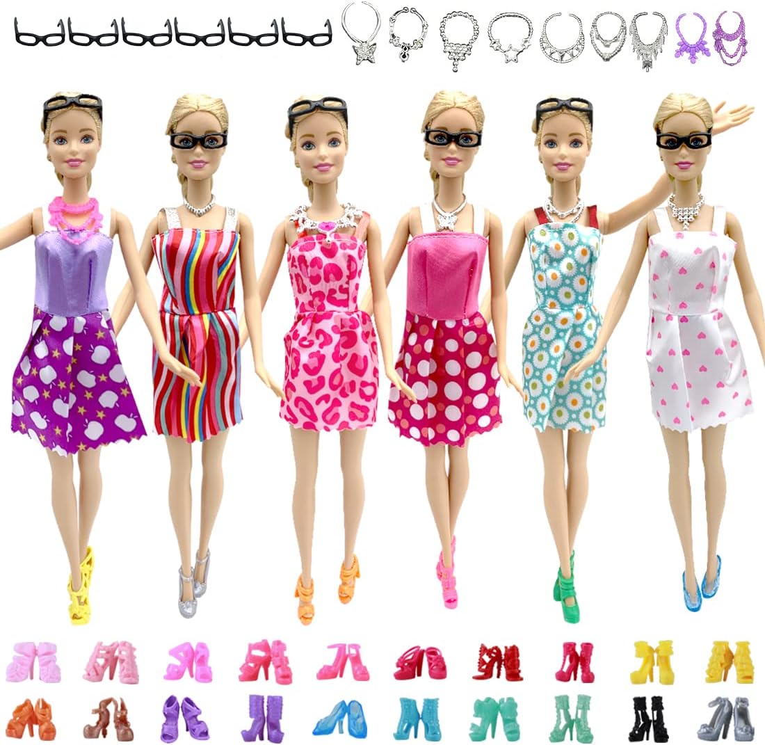32 PCS Doll Clothes and Accessories, 10x Mix Party Dresses, 4X Glasses, 6X Necklaces, 2X Magic Wands, 10x Shoes for 11.5 inch Doll, Gifts for Girls