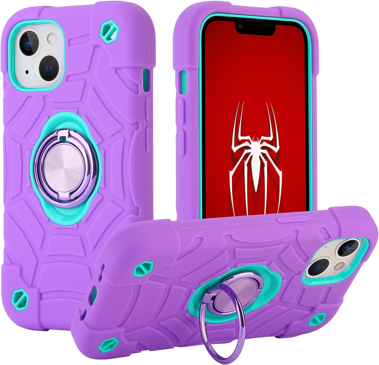 for iPhone 14 Case/iPhone 13 Case, with Kickstand (not Compatible with Plus Sized Models),Shockproof Hybrid Hard PC Soft Rubber Case for iPhone 14/13 6.1 inch (Purple+Mint)
