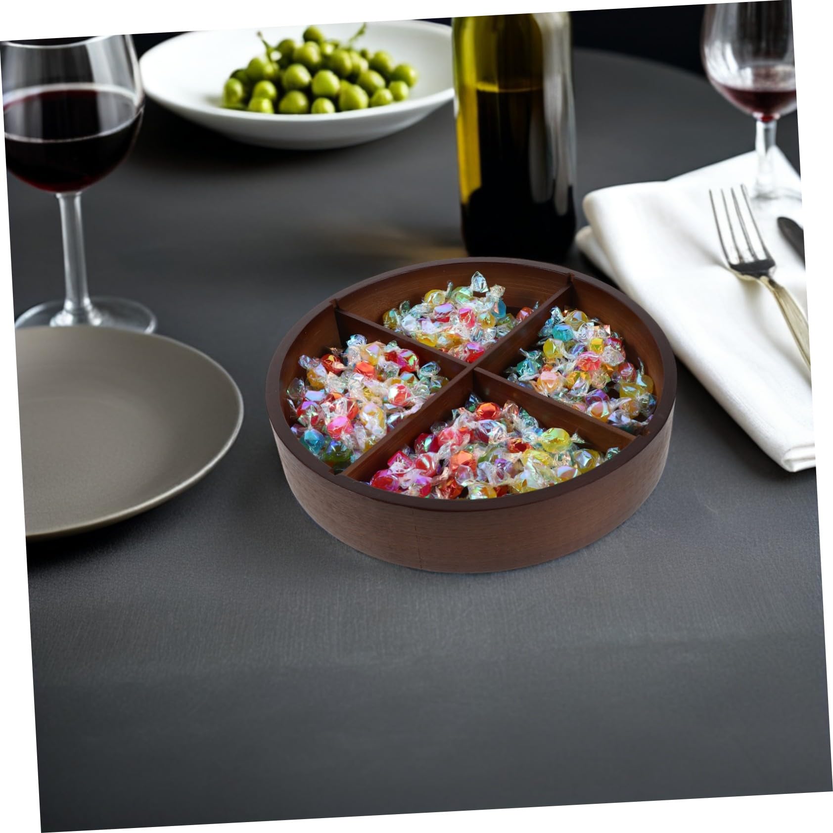 ABOOFAN Plateau à Fruits Secs Rond avec Couvercle Plateau Compartimenté de Noyer pour Noix Bonbons et Fruits Secs Boîte de Rangement à Sections pour Partages Famille et Réunions