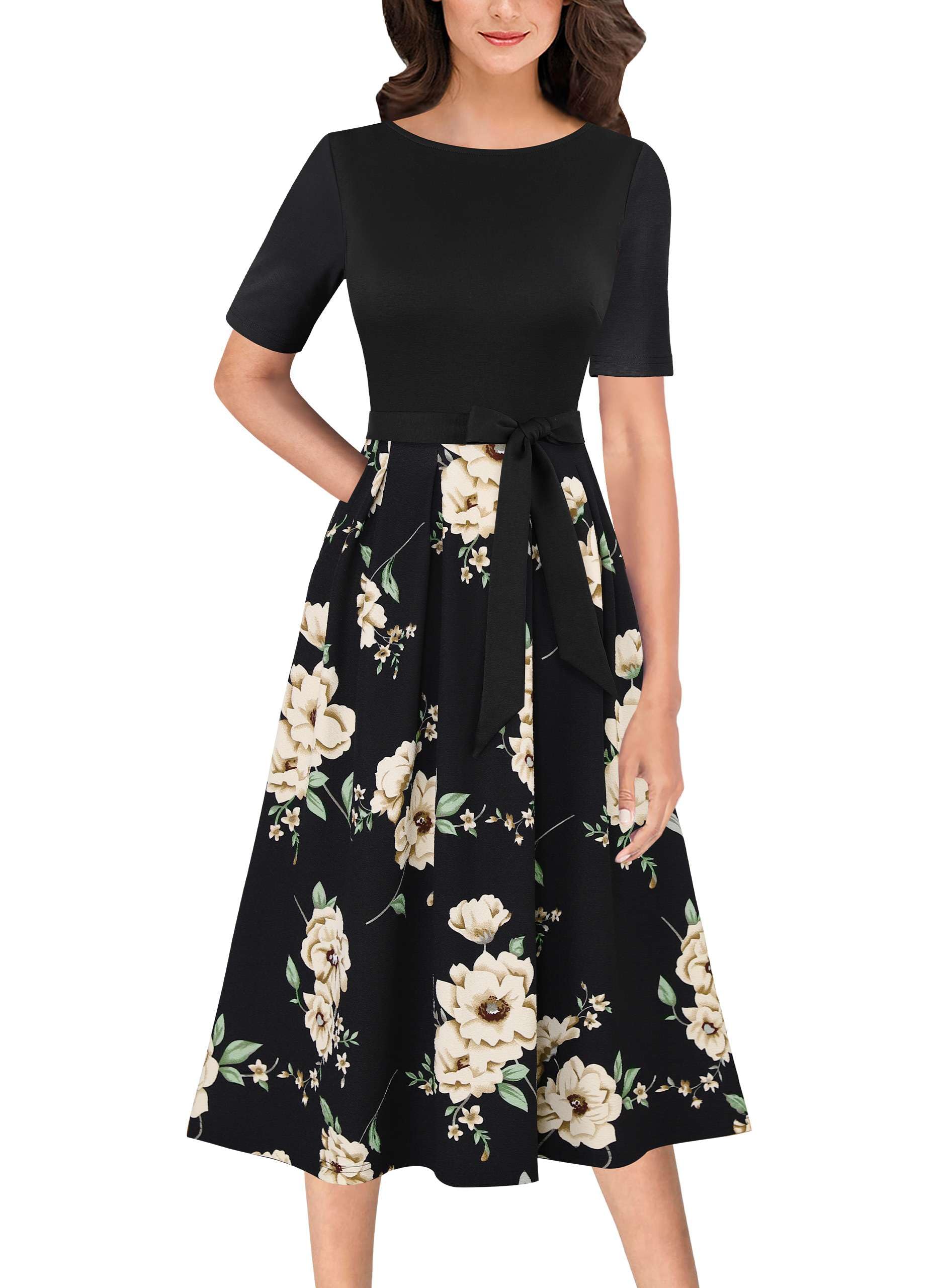 VFSHOW Womens Work Business Casual Church Pockets Belted A-Line Midi Dress
