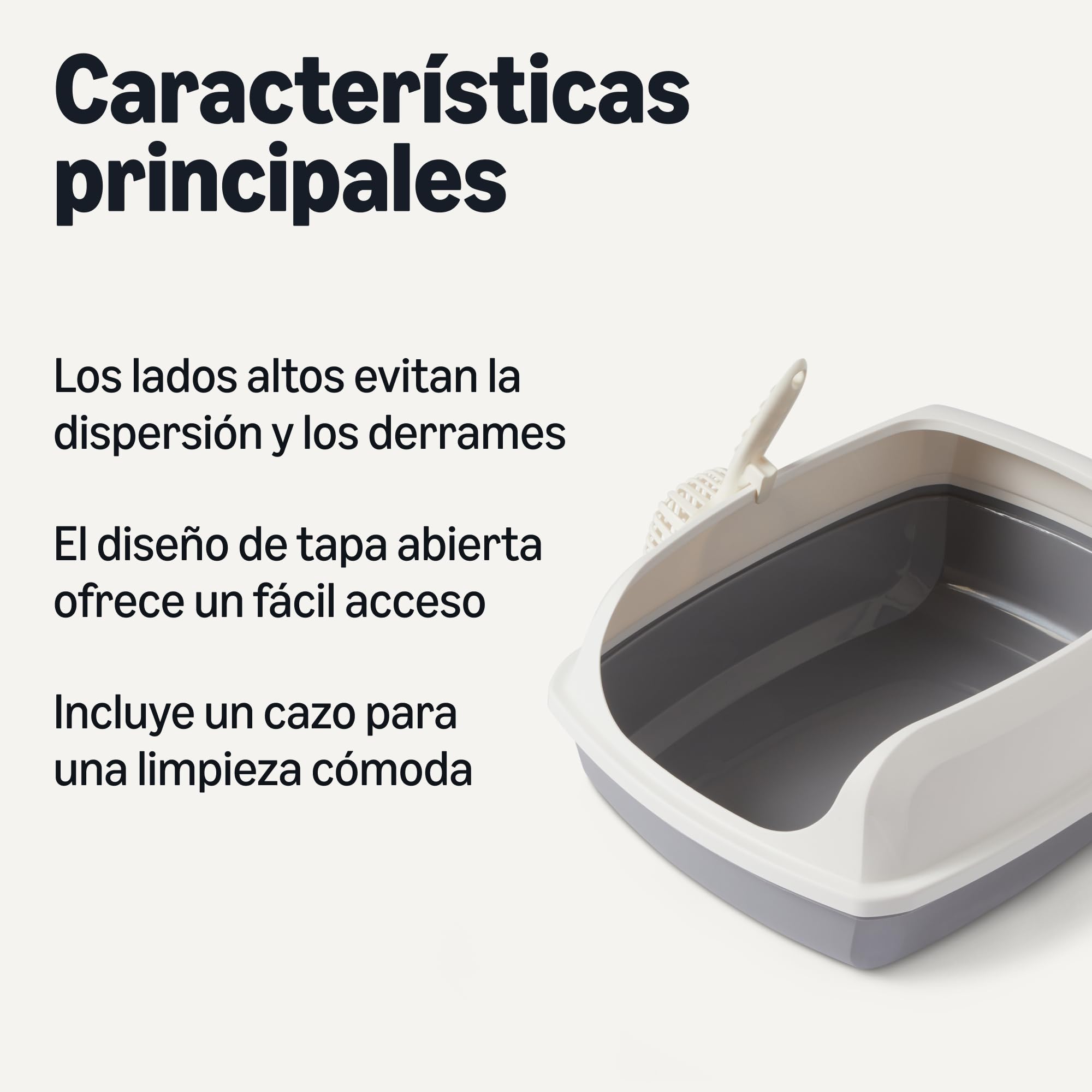 Amazon Basics Arenero para Gatos, Alto y Abierto, Fácil de Limpiar, Incluye Recogedor, Blanco/Gris, 50,5 x 38 x 20 cm