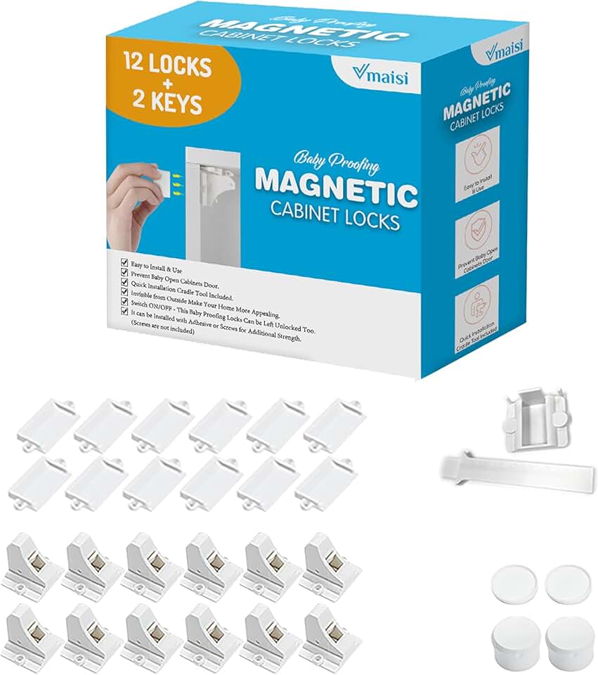 Vmaisi Adhesive Magnetic Cabinet Locks (12 Locks and 2 Keys)