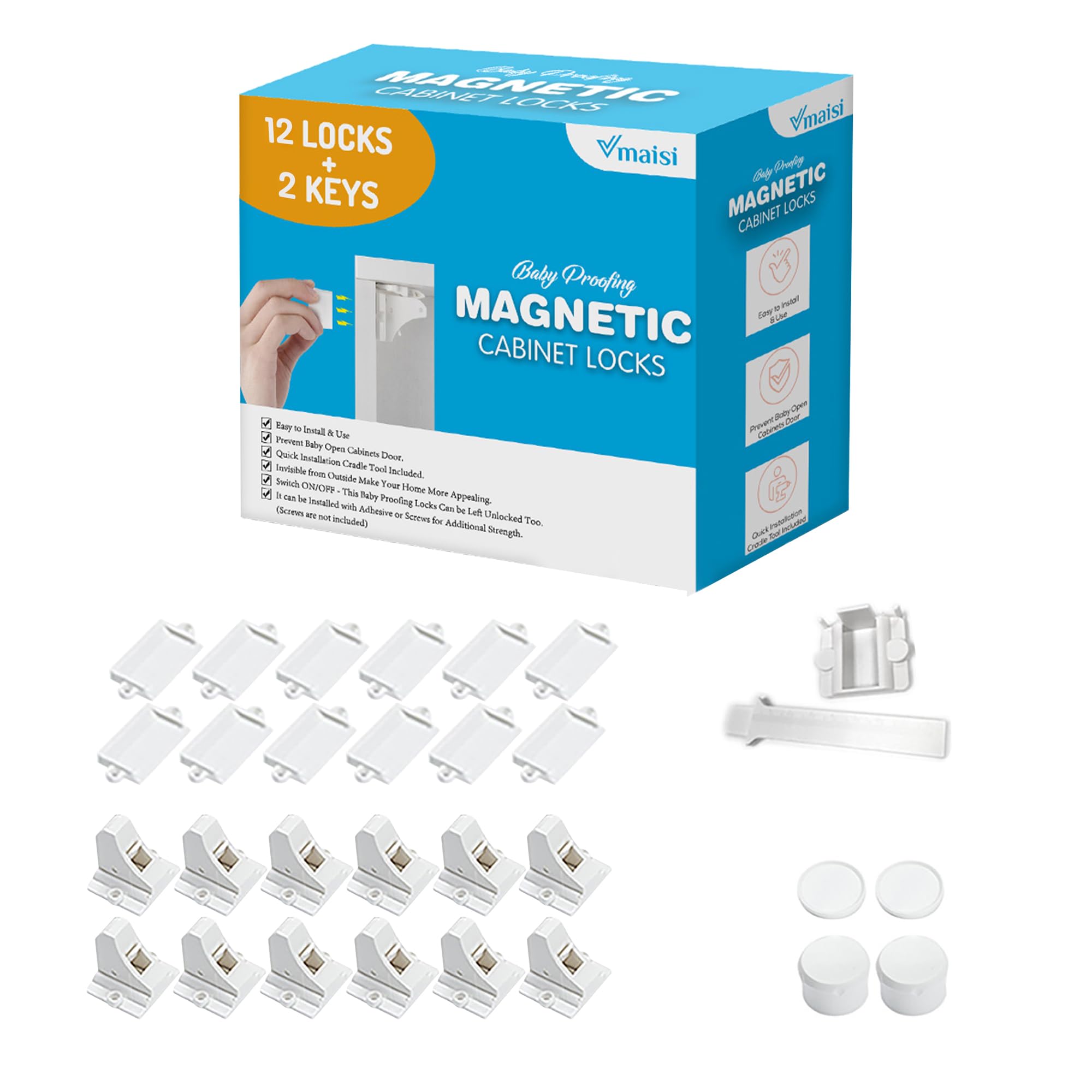 Vmaisi Adhesive Magnetic Cabinet Locks (12 Locks and 2 Keys)