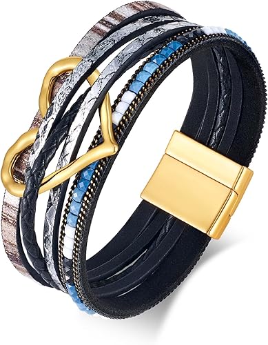 WOWORAMA Black Leather Bracelet for Women Boho Multi-Layer Leather Wrap Bracelet