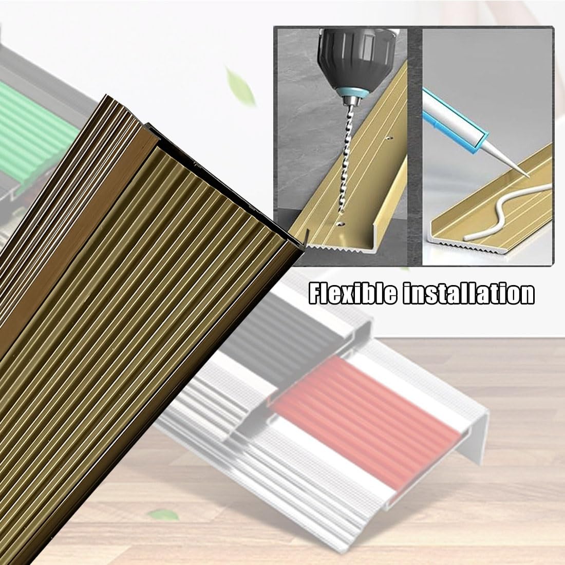 3 szt. Stopniowe wykończenie krawędzi aluminiowej, 100 cm / 39,4 cala Gumowe zabezpieczenie krawędzi schodów Antypoślizgowe, 5 cm Osłona krawędzi schodów Listwa przejściowa Wodoodporna, brązowa