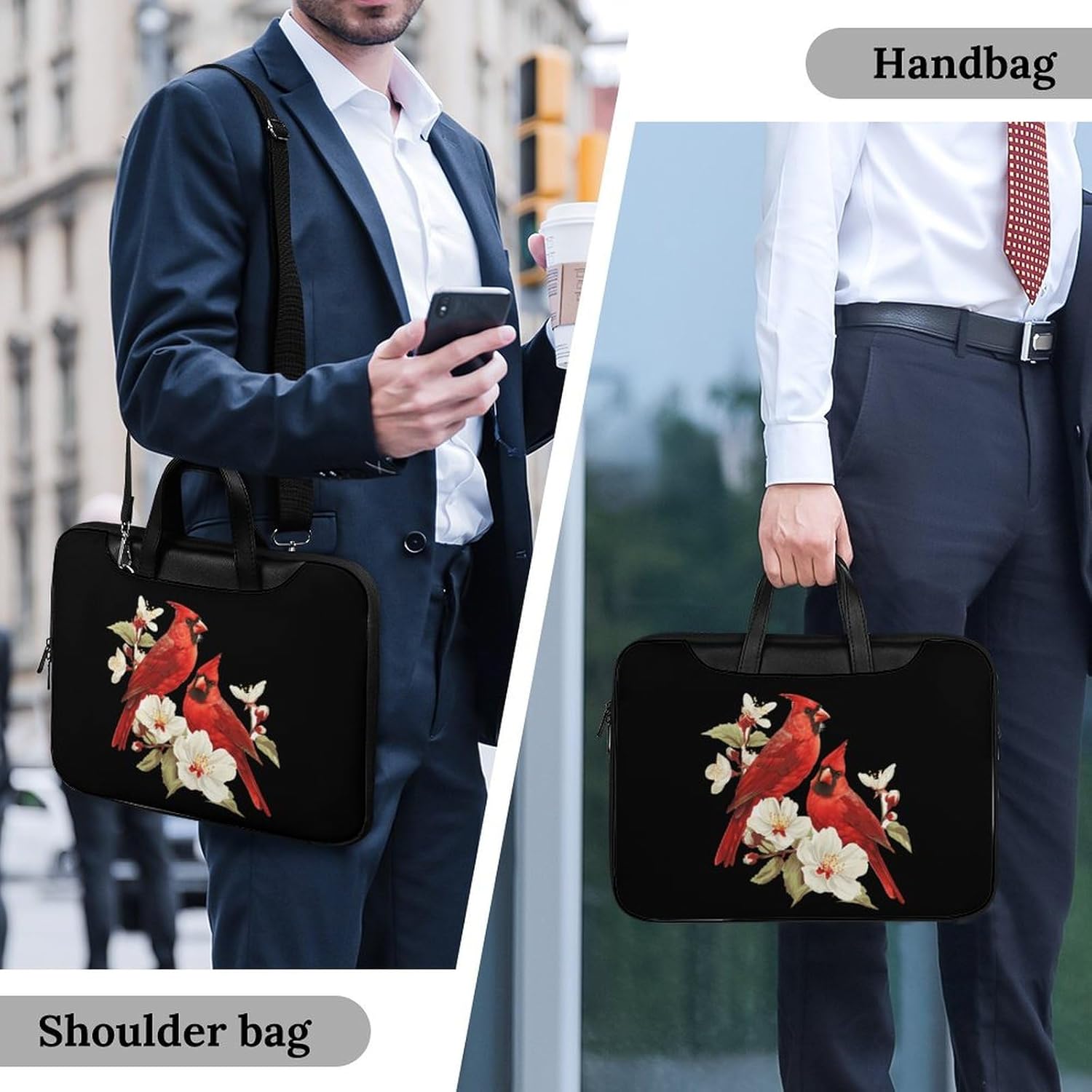 Red Cardinal Bird Flower Laptop Bag PU Leather Computer Tote Bag Carrying Case Messenger Bag with Handle