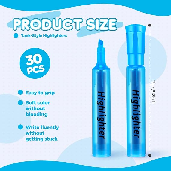 Qilery 30 Pack Highlighters Bulk, Tank Style Chisel Tip Highlighters Markers Pack Quick Drying for Adult Coloring, Home Office Supplies (Blue)