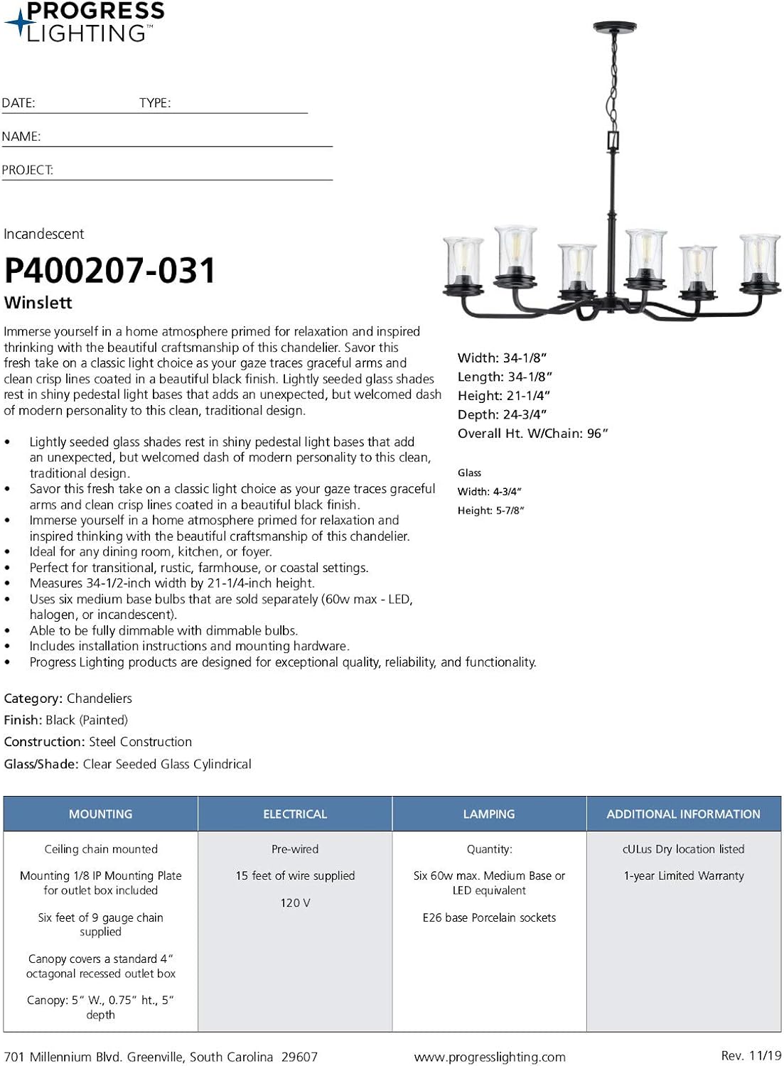 Progress Lighting Winslett Collection 6-Light Clear Seeded Glass Coastal Chandelier Light Matte Black