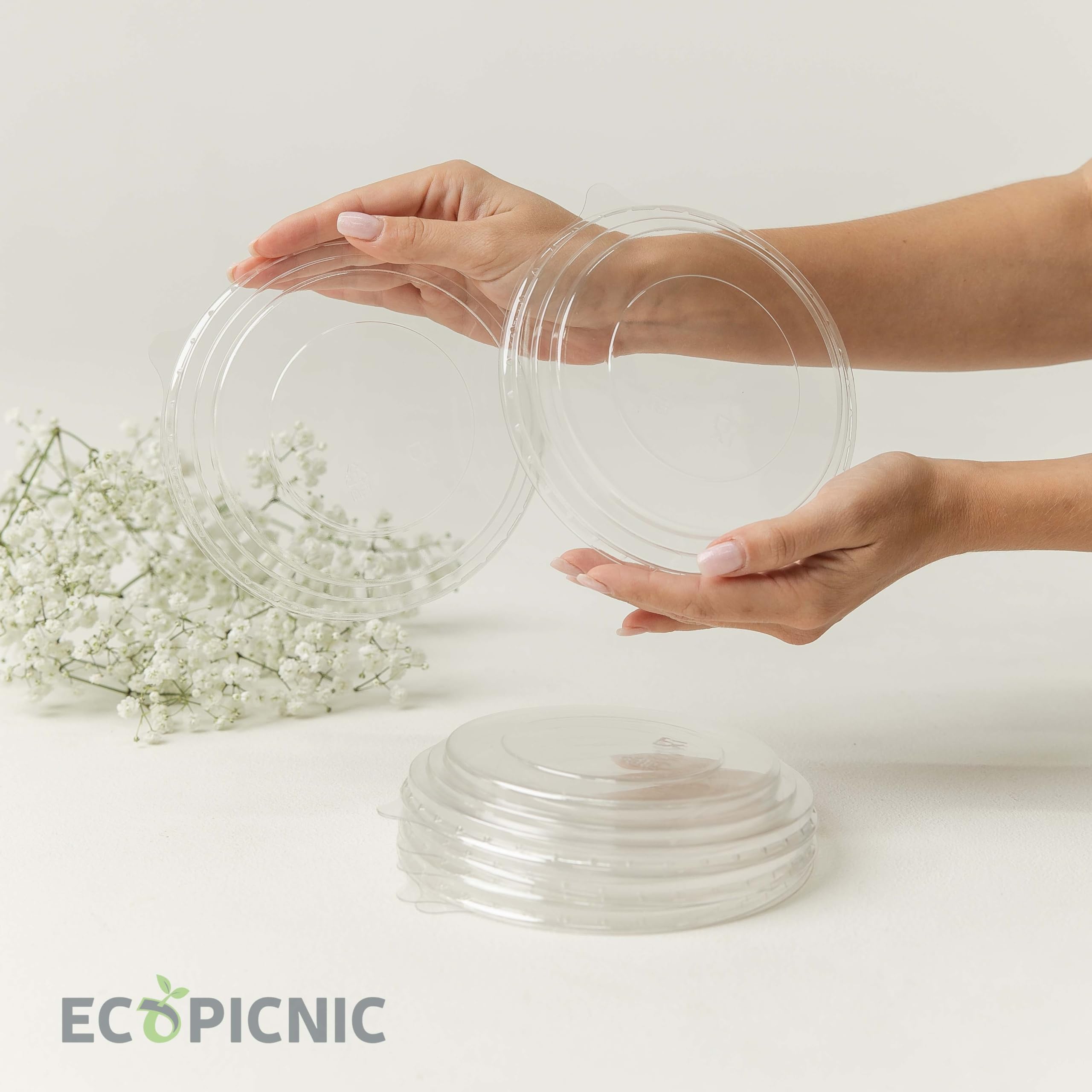 Ensaladeras Redondas de Papel Kraft con Tapa PET 300 unidades 750 ml | Cuencos desechables de cartón kraft con tapa, ideales para ensaladas, sopas, aperitivos y alimentos para llevar
