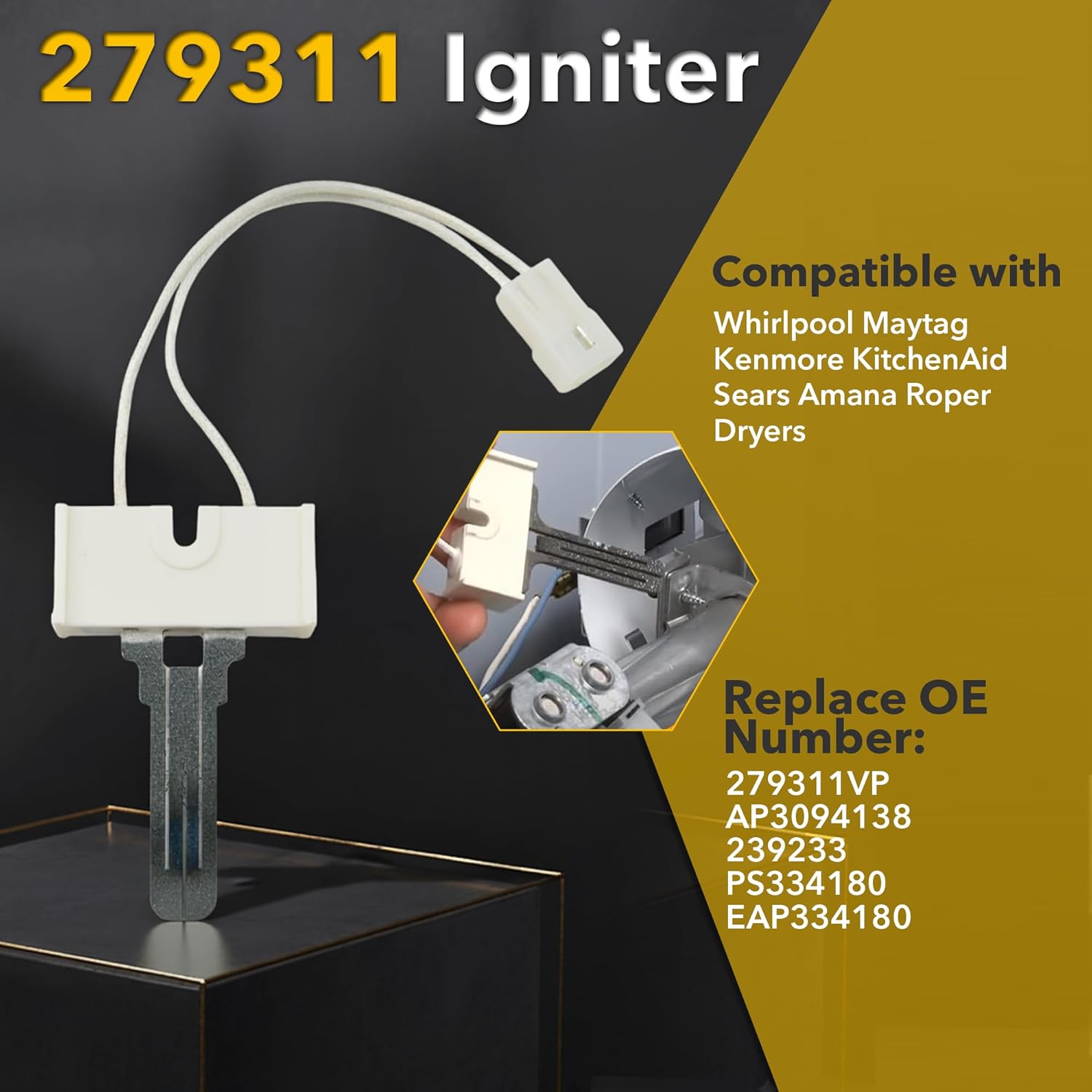 Gas Dryer Repair Kit Includes 279311 Igniter, 279834 Coil kit, 338906 Flame Sensor Widely Fit for Whirlpool Maytag Kenmore KitchenAid Sears Dryer Replacement Parts