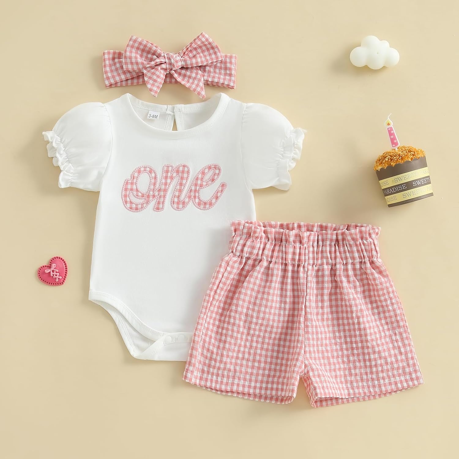 Amiblvowa Baby Girl One 1st Birthday Outfit Short Sleeve Romper Plaid Gingham Shorts Set First 1 Year Old Smash Cake Clothes - Image 2