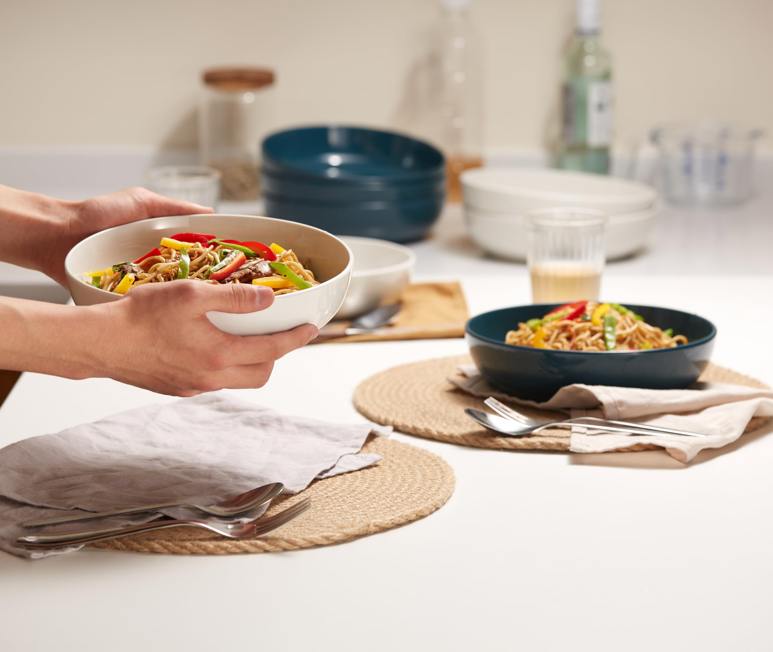 KooK Pastaschüssel, Salatschüsseln, Schüsseln, Servierschalen, Suppe, Keramik, großes Fassungsvermögen, mikrowellen- und spülmaschinenfest, 4 Stück, 1,2 l, Weiß