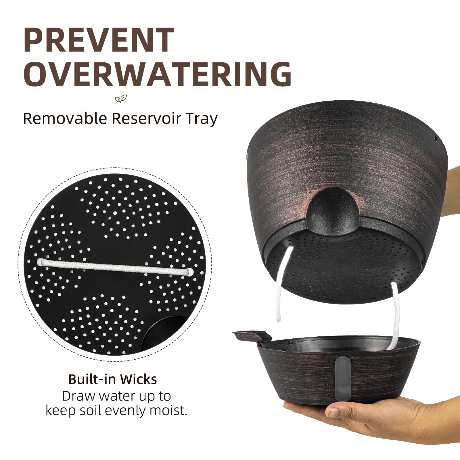 ZMTECH Lot de 2 pots de fleurs à suspendre en plastique avec entrée d'eau auto-irrigation et soucoupe pour intérieur et extérieur Bronze 25 cm