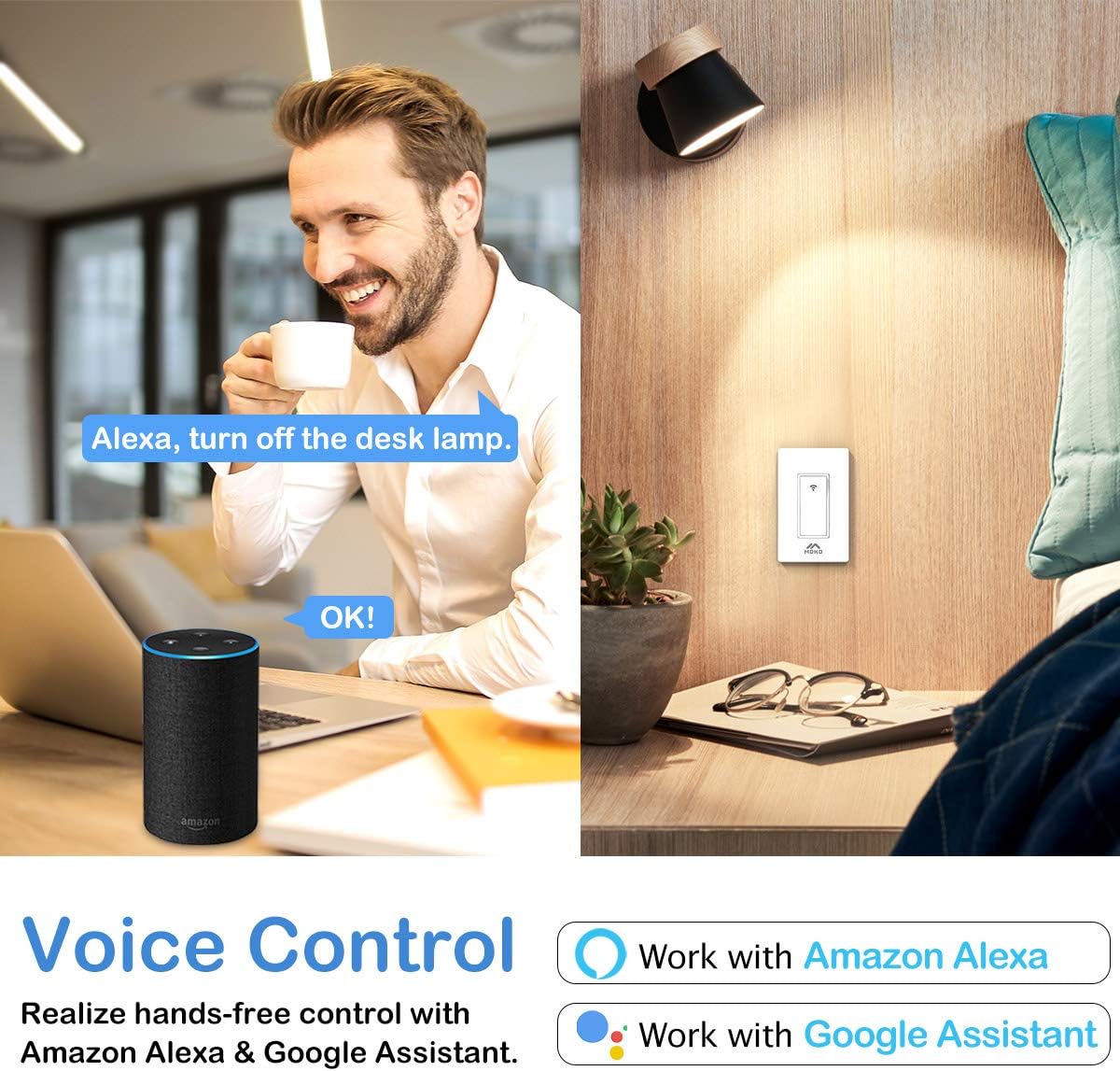 Lalaki ngagunakeun kontrol sora nganggo Amazon Echo pikeun mareuman méjaamp