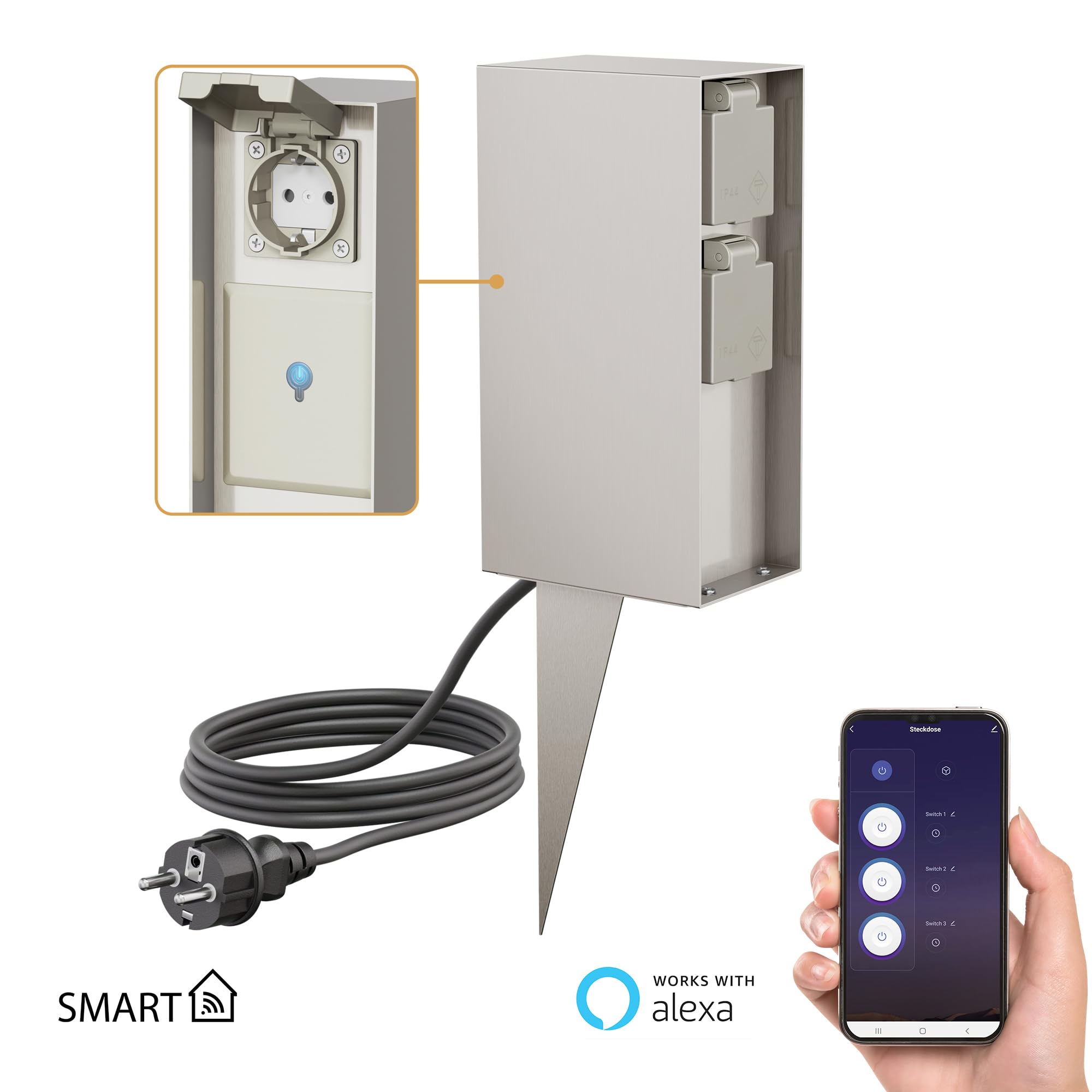 ledscom.de Enchufe de jardín Pilar POMI con piqueta de Tierra y Cable de 2m para Exterior, IP44, Smart Home, WLAN, Alexa, 3 vías, Acero Inoxidable, Cuadrado, 23cm