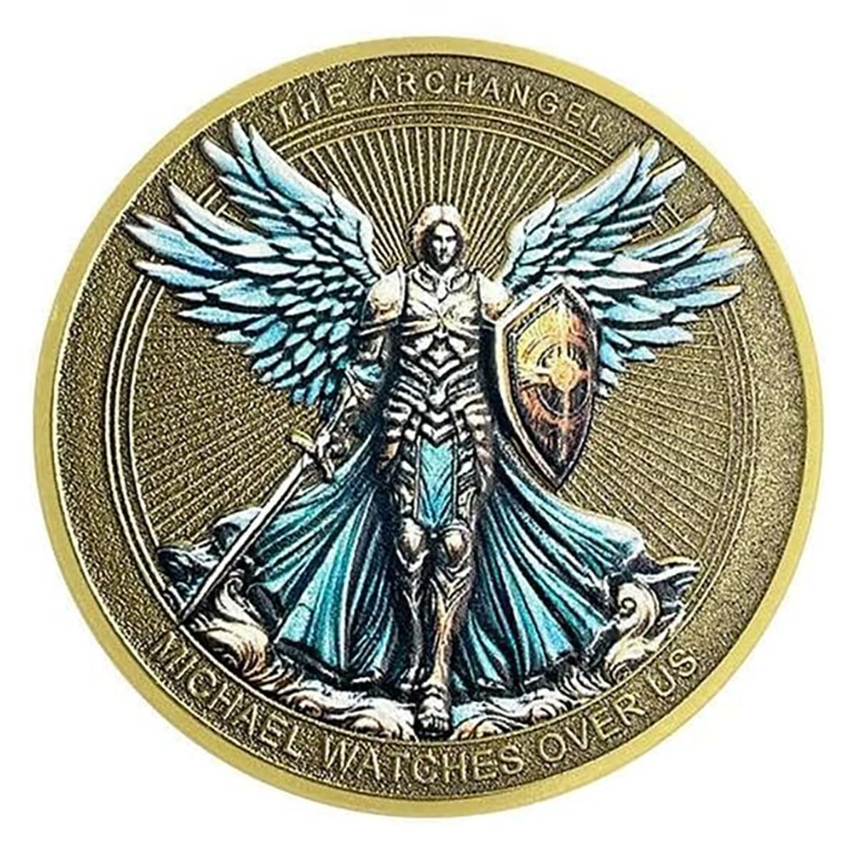 Queambler Yellow Saint Michael Archangel Watches Over Us Challenge Coin Collectible Faith And Courage Collectible Token