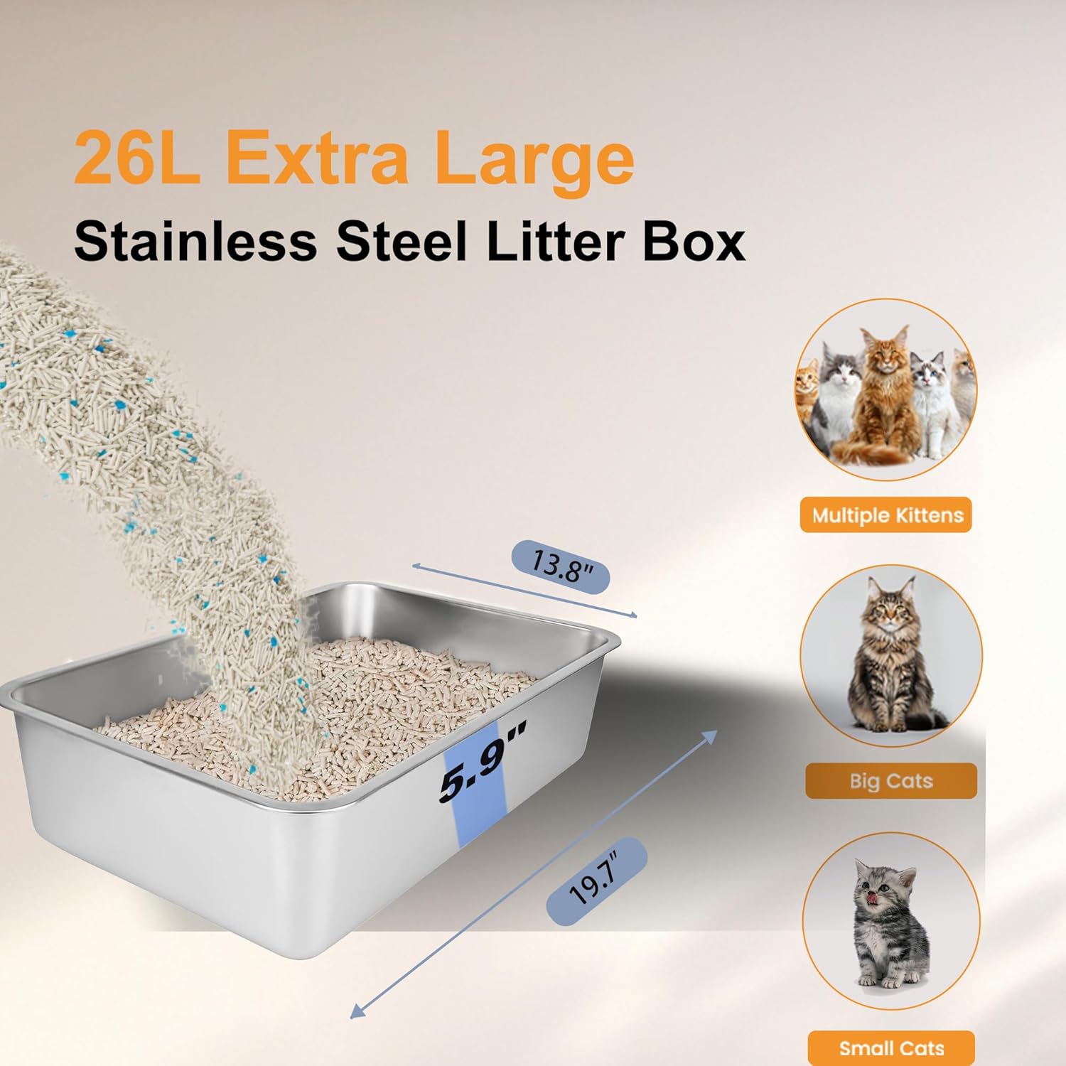 Stainless Steel Litter Box, Metal Litter Box for Little/Large Cats, Rust-Resistant, Odor-Control, Non-Sticky, Easy Rinse Cleaning, Durable & Long-Lasting(19.7"×13.8"×5.9" / 50×35×15cm)