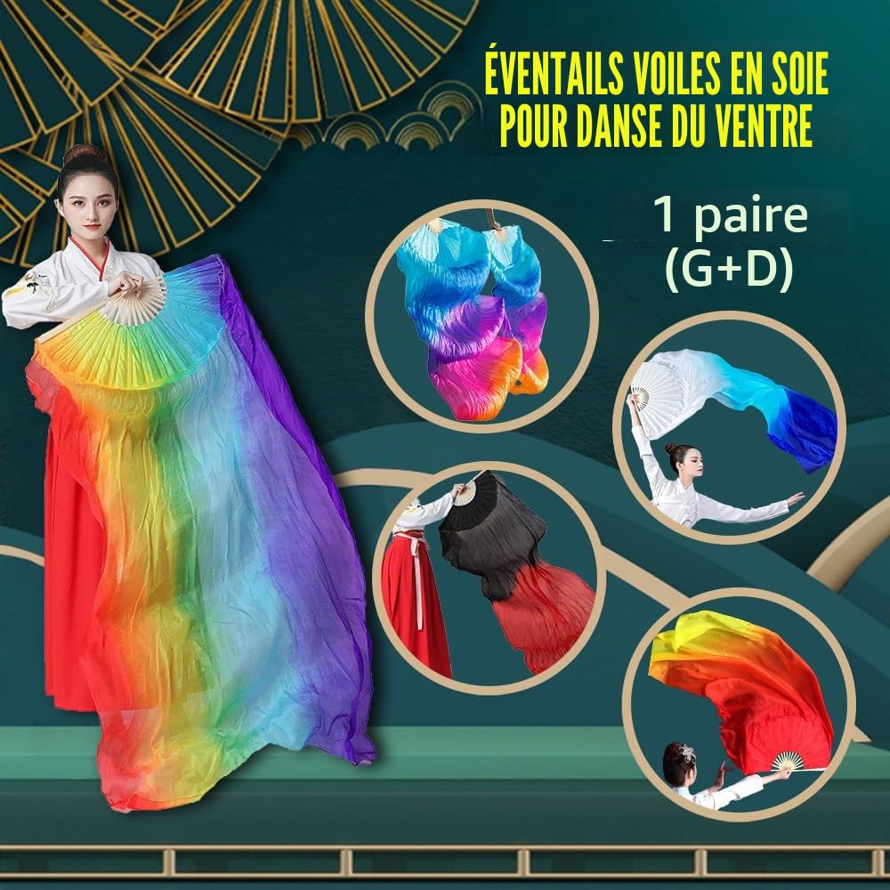 1 paire de voiles de danse du ventre 100 % soie bambou 1,8 m de long (L + R)