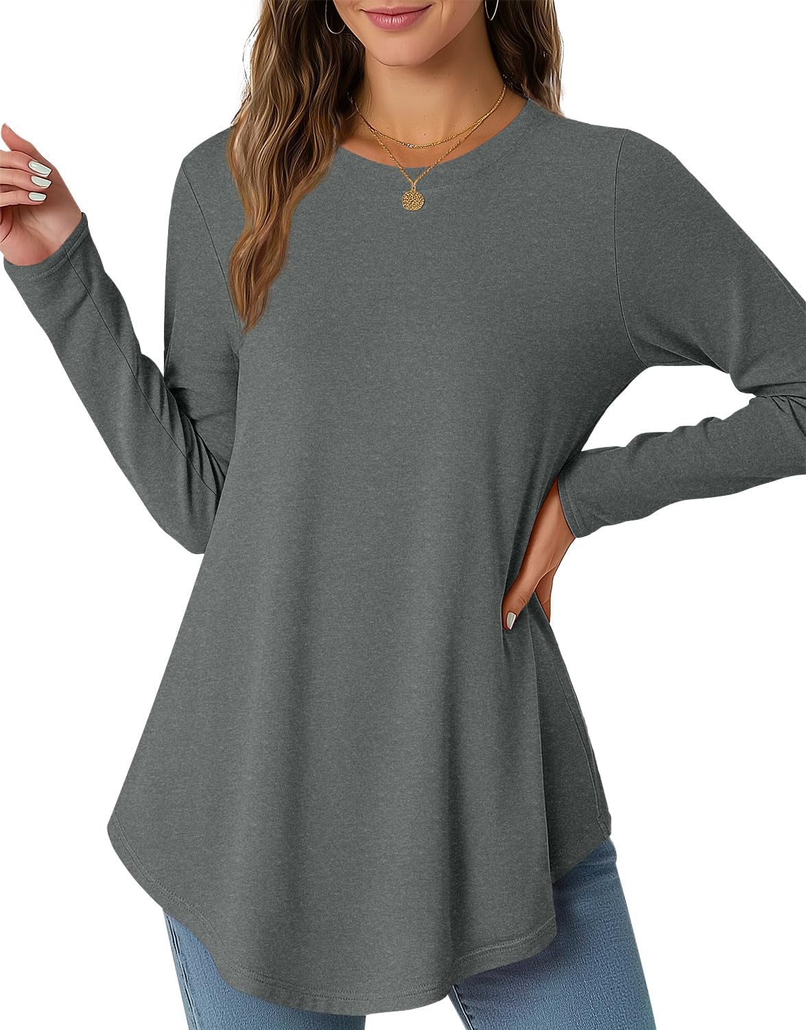 JUSTFASHIONNOW Womens Long Sleeve Shirts Crew Neck Casual Basic Blouse Flowy Loose Tunic Tops Fall Fashion 2025