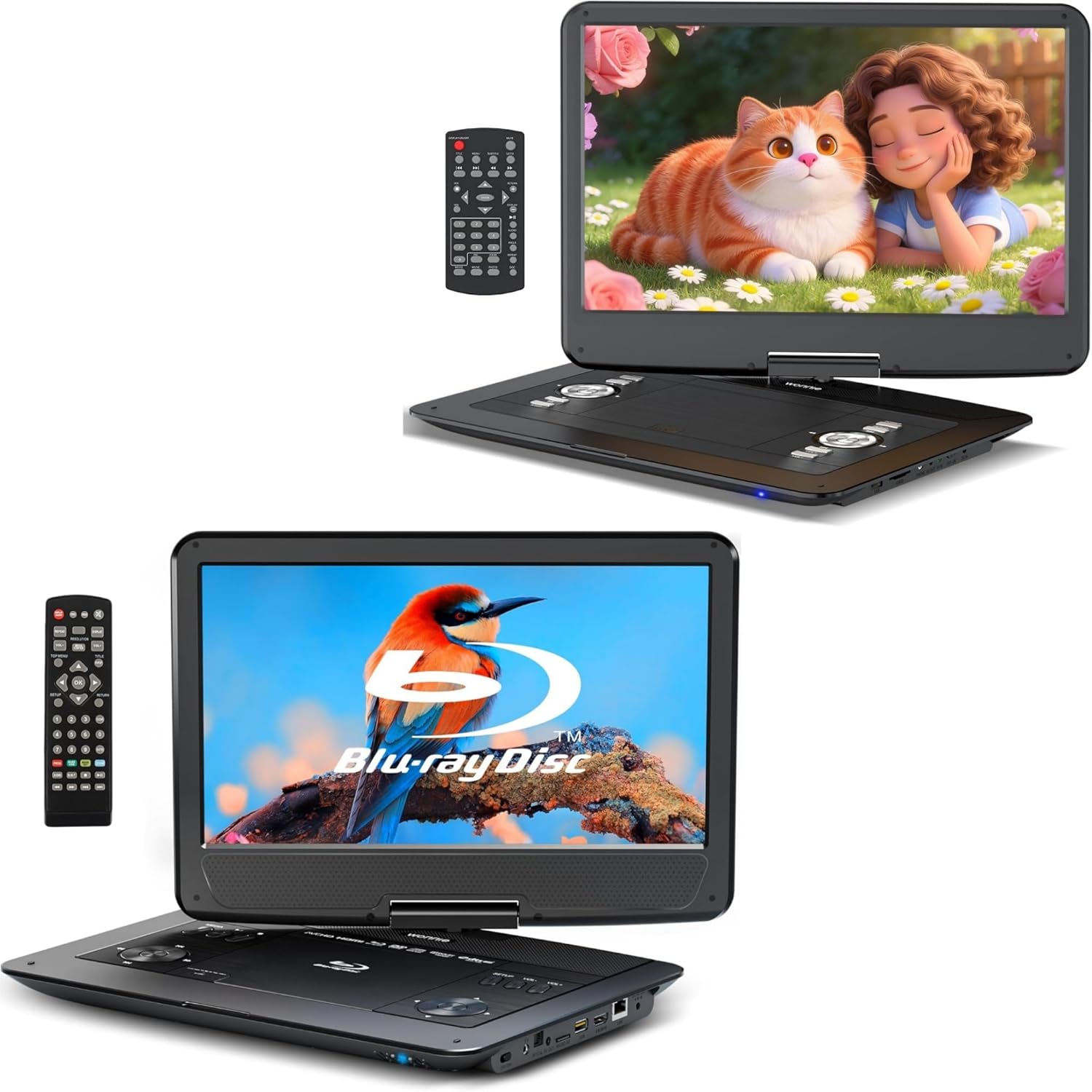 WONNIE Portable Blu-ray Player and Portable DVD Player with 15.6" Large HD Swivel Screen Bundle