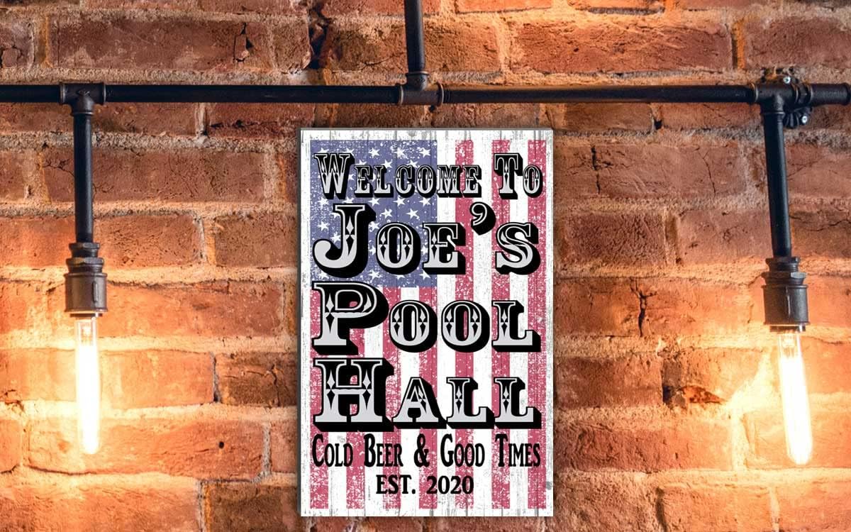 Custom Pool Hall Room Sign American Flag Man Cave Vintage Wall Art Decor Personalized with Name, Year & Slogan– 10.5" x 16.5"