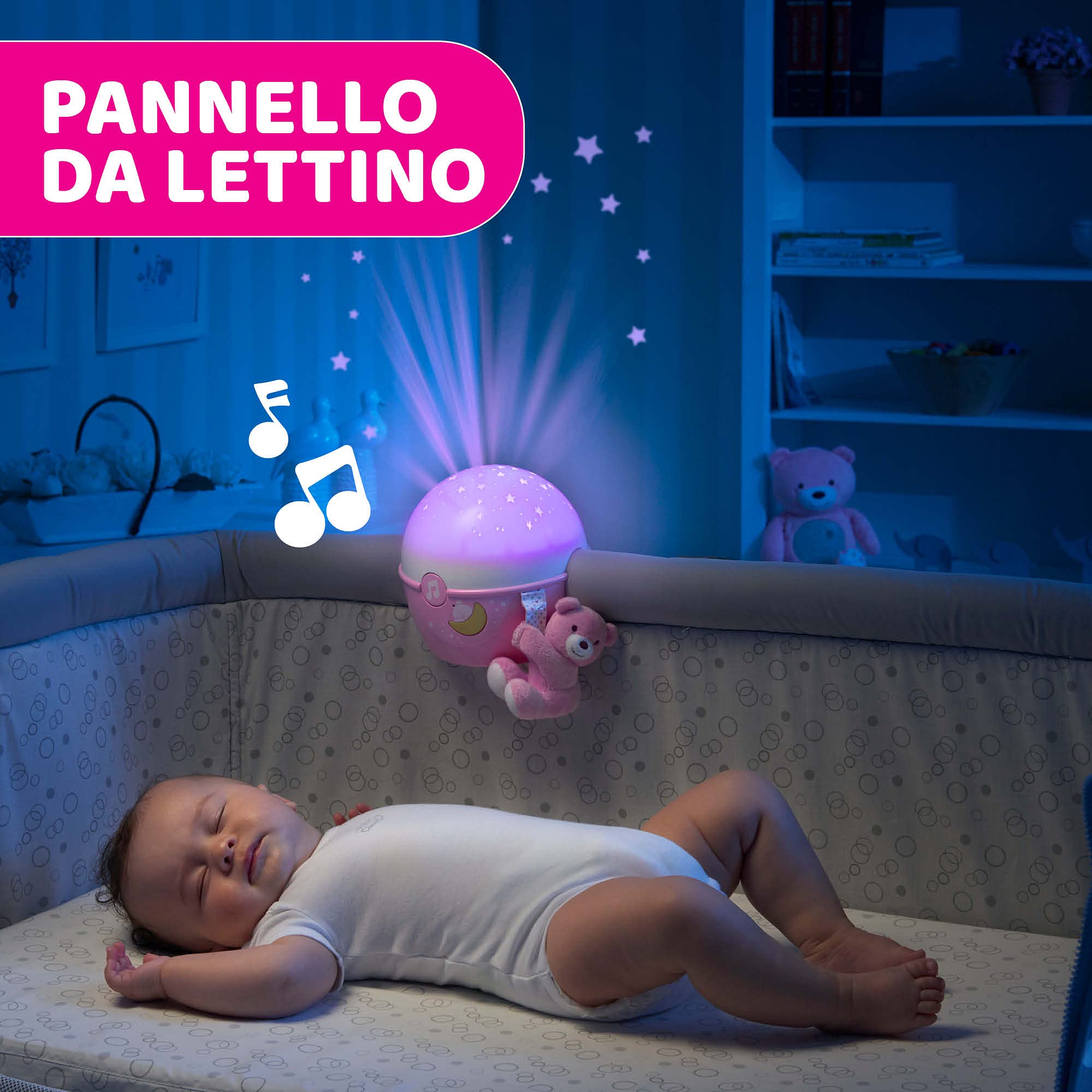Chicco Next2Stars Luce Notturna per Bambini con Pupazzo - Proiettore Stelle Soffitto per Culla e Lettino Neonati, con Sensore Sonoro, 3 Effetti Luminosi e Musica - 0+ Mesi, Rosa