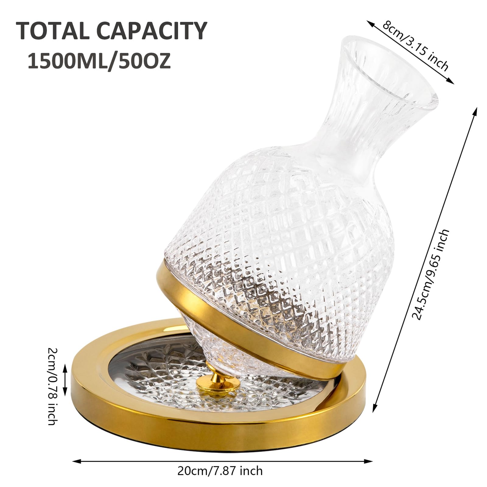 LOYALHEARTDY Spinning Wine Decanter, 1500ml/50oz Red Wine Decanter Set 360 Rotation with Thickened Crystal-Glass-Bottle Body+Crystal Glass Stainless Steel Base for Wedding Gift, Birthday, (Gold)