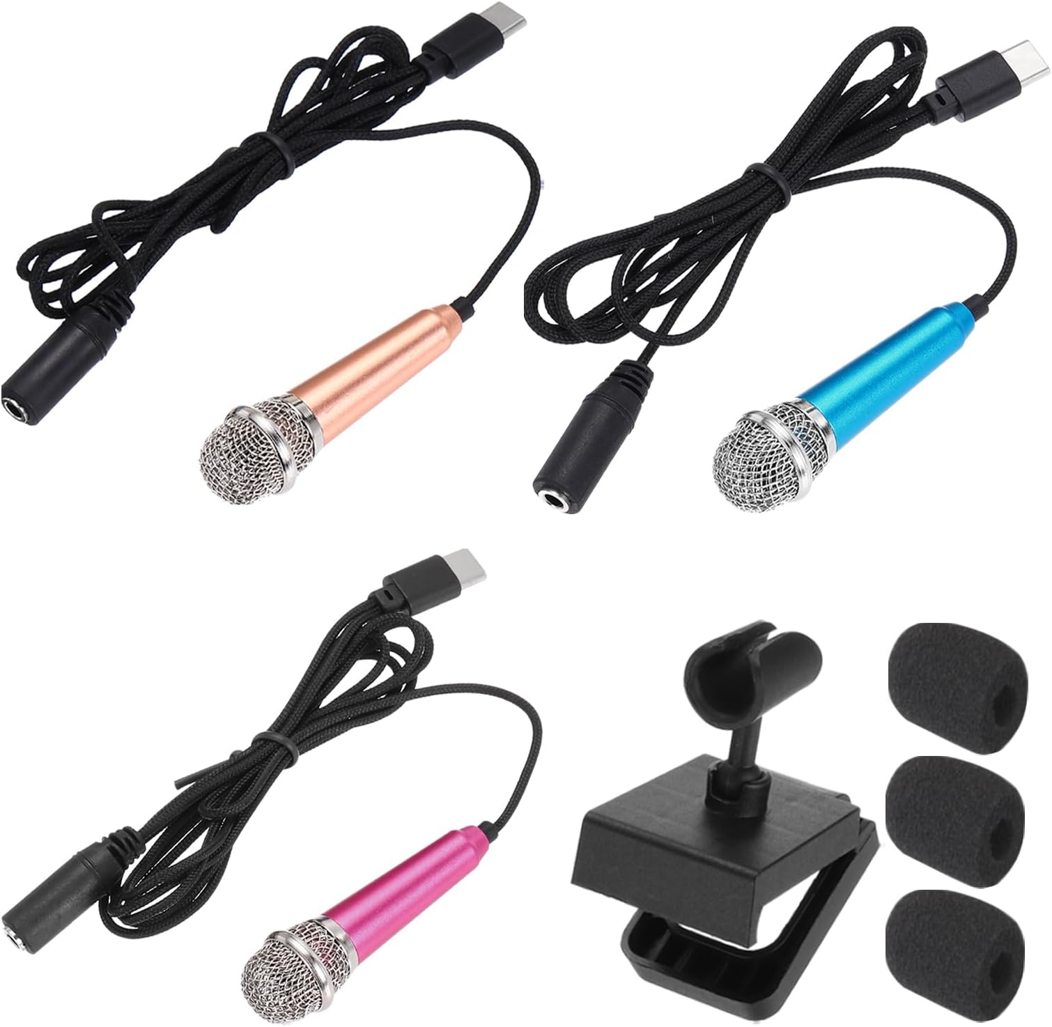 sourcing map 3 Pcs Mini Microphone, Mini Mic Tiny Phone Type C Mic Small Microphone with Bracket, Sponge Cover for Record Phone Voice, Gold/Hot Pink/Blue