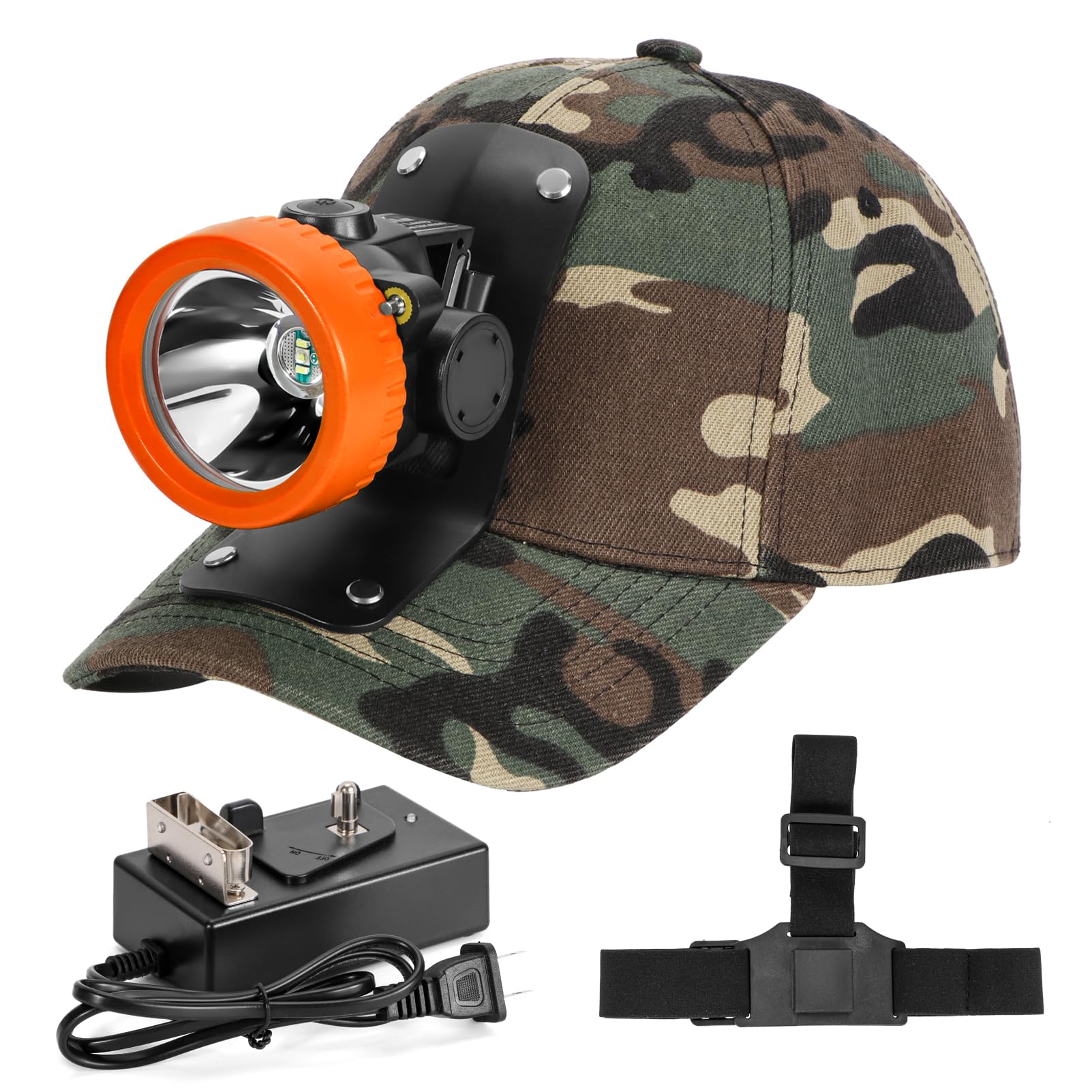 Lokilo Ultra-Bright LED Mining Headlamp,Rechargeable Waterproof Hard Hat White Light Headlight,Camouflage Miner Cap Included,Durable Mining Light for