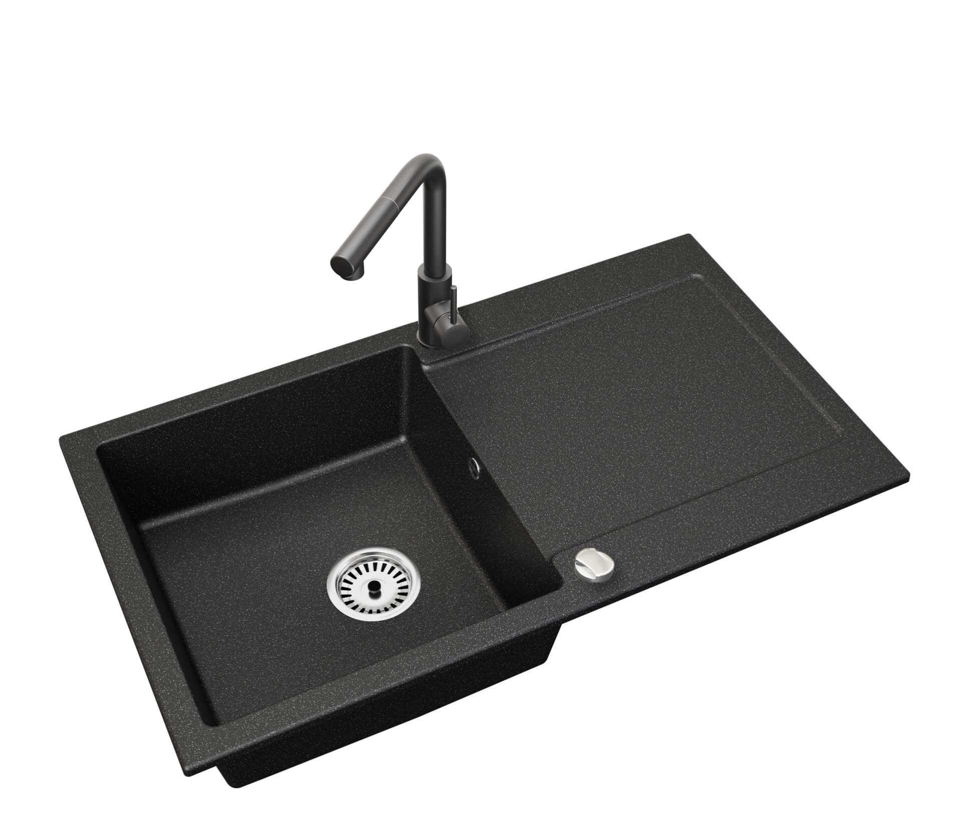 Faizee Home | Granitspüle 90x50 cm – Reversibles Spülbecken mit Abtropffläche inkl. Siphon & Drehexzenter | Kratzfest, hitzebeständig & für 45 cm Unterschränke (Side, Schwarz Gesprenkelt)