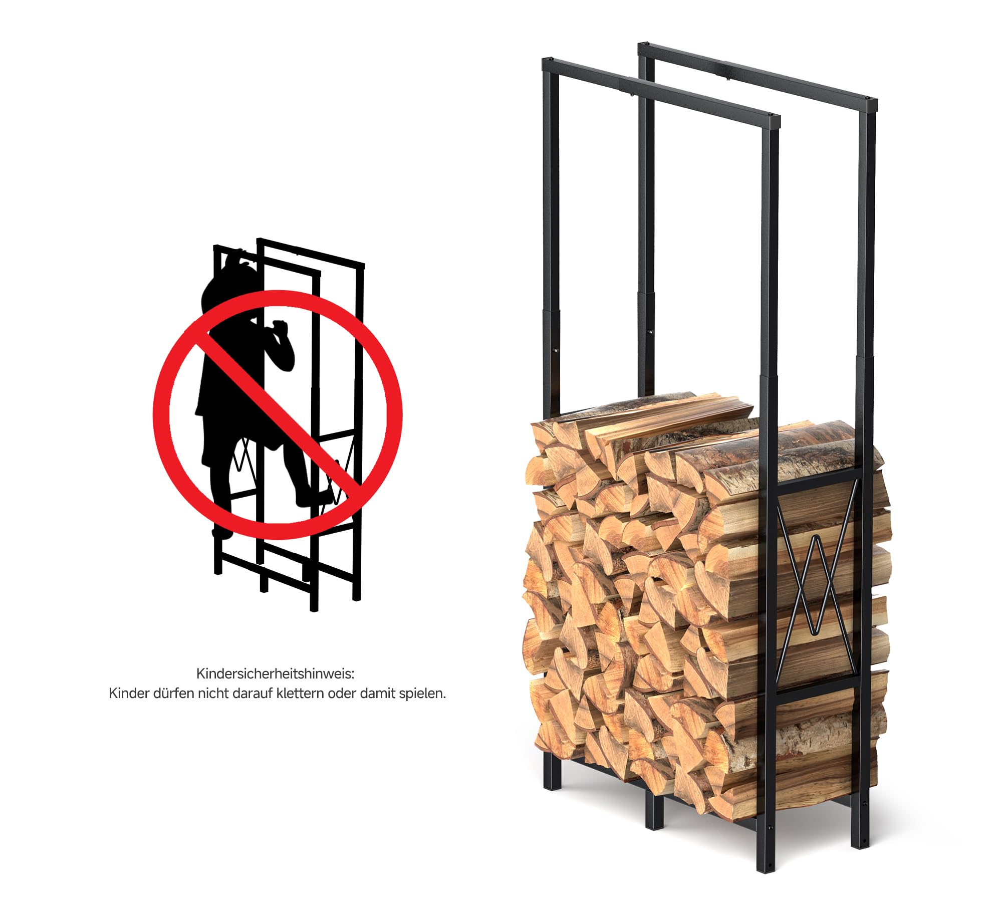 HFHOME Kaminholzregal Höhen- und Längen Verstellbar für Innen & Außen, Metall Brennholzregal für Brennholz Aufbewahrung mit Rutschfester Matte, Holzregal Max. 75 x 25 x 170cm