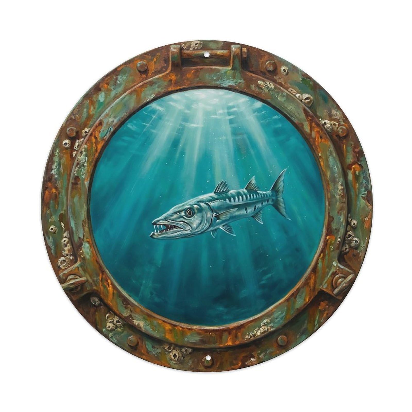 Vintage Porthole Barracuda Predator Ship Window Undersea Deep Sea Metal Tin Sign