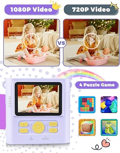 Miniatura 6 de Cámara de impresión instantánea para niños, regalos de cumpleaños de Navidad para niñas y niños de 3 a 12 años, cámaras de video digitales HD para