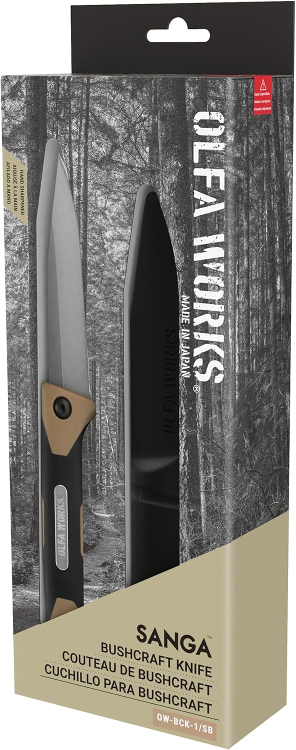 OLFA WORKS OW-BCK-1/SB SANGA Bushcraft Knife, 3.2mm Thick High Carbon Stainless Steel Blade - Great for Cutting, Scraping, Batoning and Compatible with Firestarters - Knife Sheath & Belt Clip (Sand)