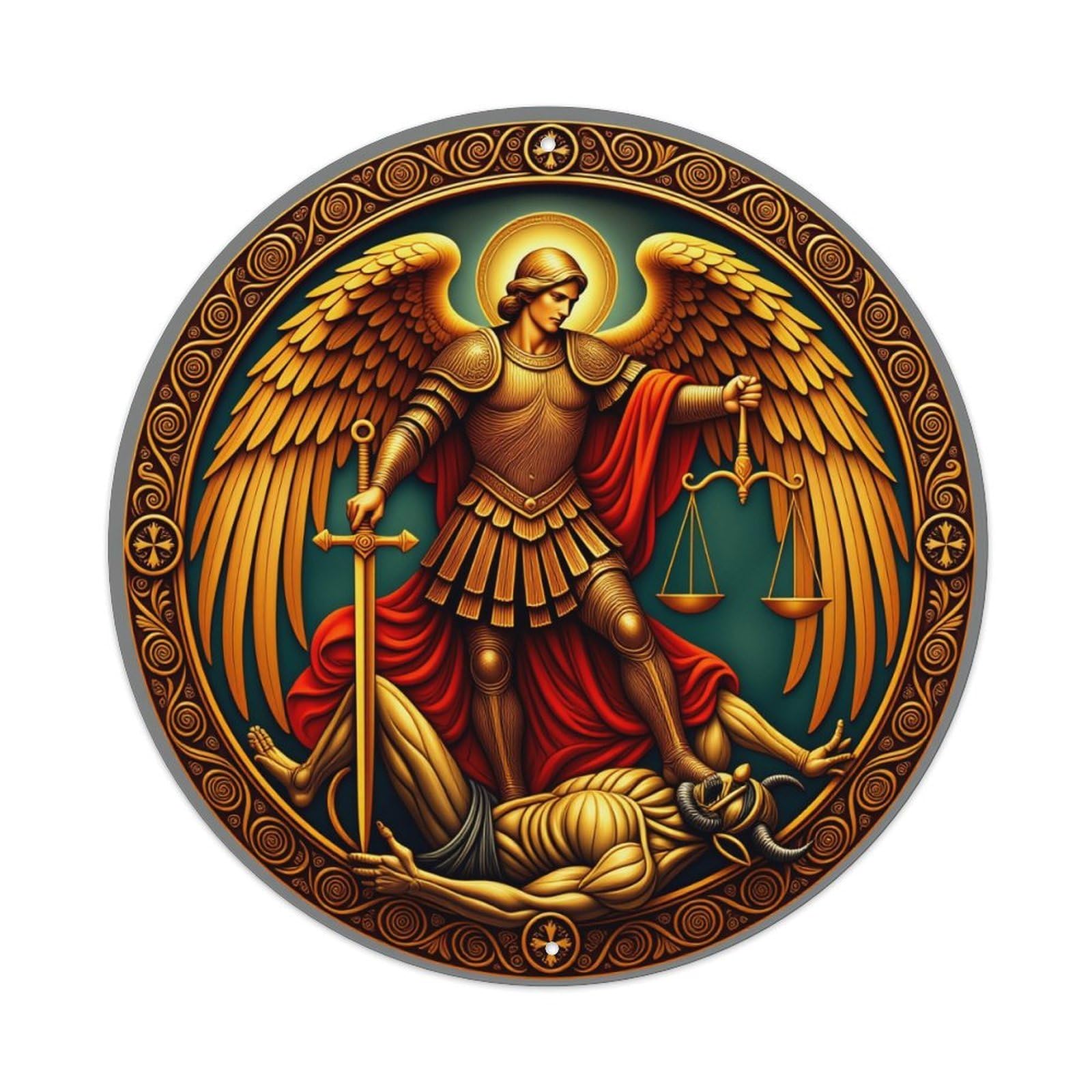 Golden Angel With Sword And Scales Round Tin Sign Vintage Style Metal Sign Home Bar Garden Wall Plaque Decor Metal Poster 8x8 Inch