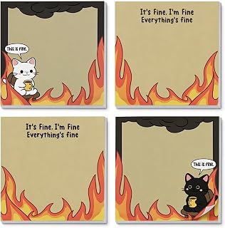 Funny Cat Sticky Notes 3x3, 4 Pads, Dumpster Fire Notepads, Cute Notepads Black Cat Office Supplies Gifts for Women Men Coworkers Cat Lovers, Everything is Fine