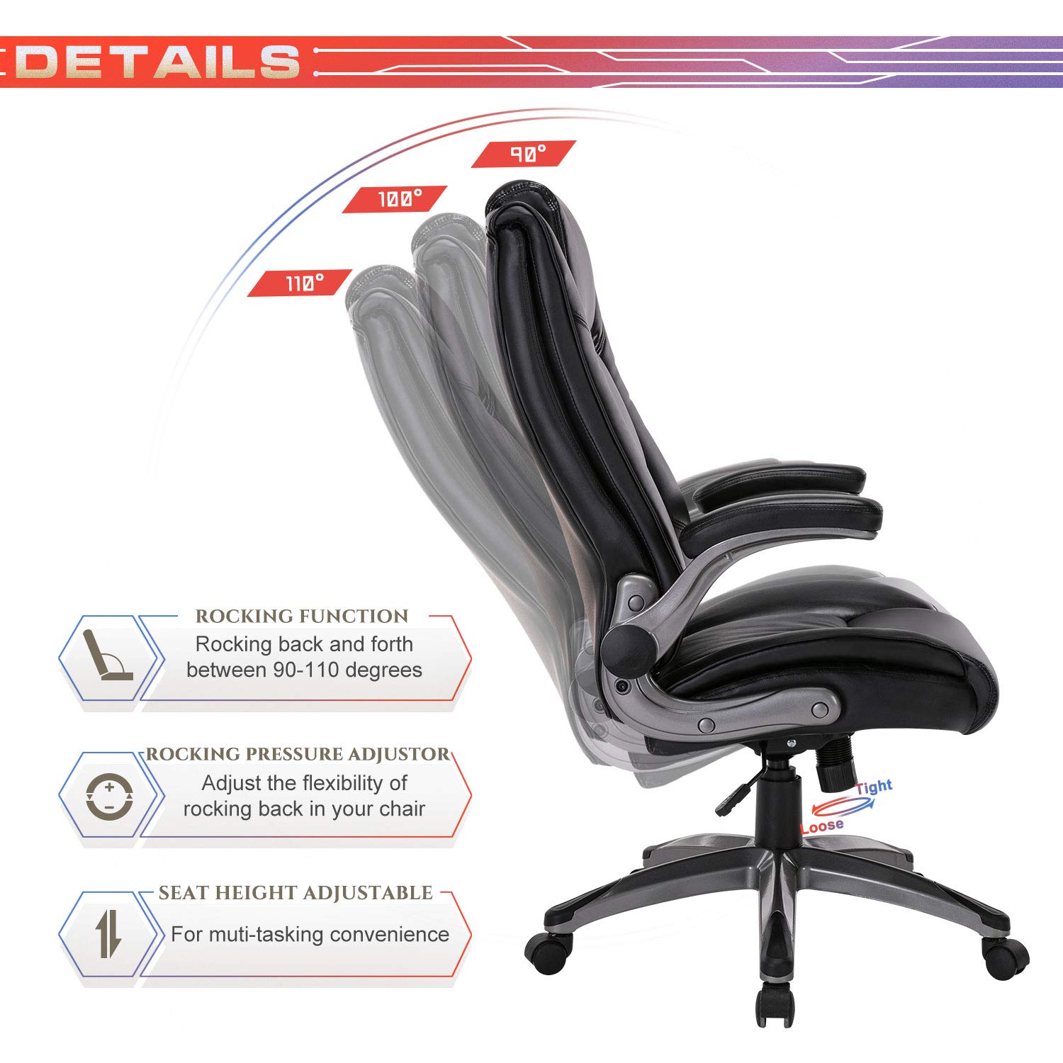 Office Chair High Back Leather Executive Computer Desk Chair Flipup