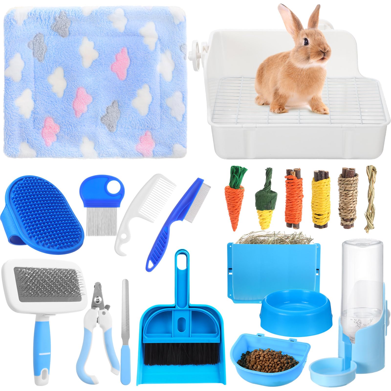 Kit iniziale per lettiera per conigli, 20 pezzi, kit per la toelettatura degli animali domestici con ciotole appese e bottiglia d'acqua per piccoli animali, coperta in flanella con set di
