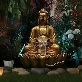 Swarnhouse Buddha Lotus Water Fountain with Light, 91 cm, Decorative Outdoor Garden Fountain for Home and Office 3 Feet (Antique Gold)