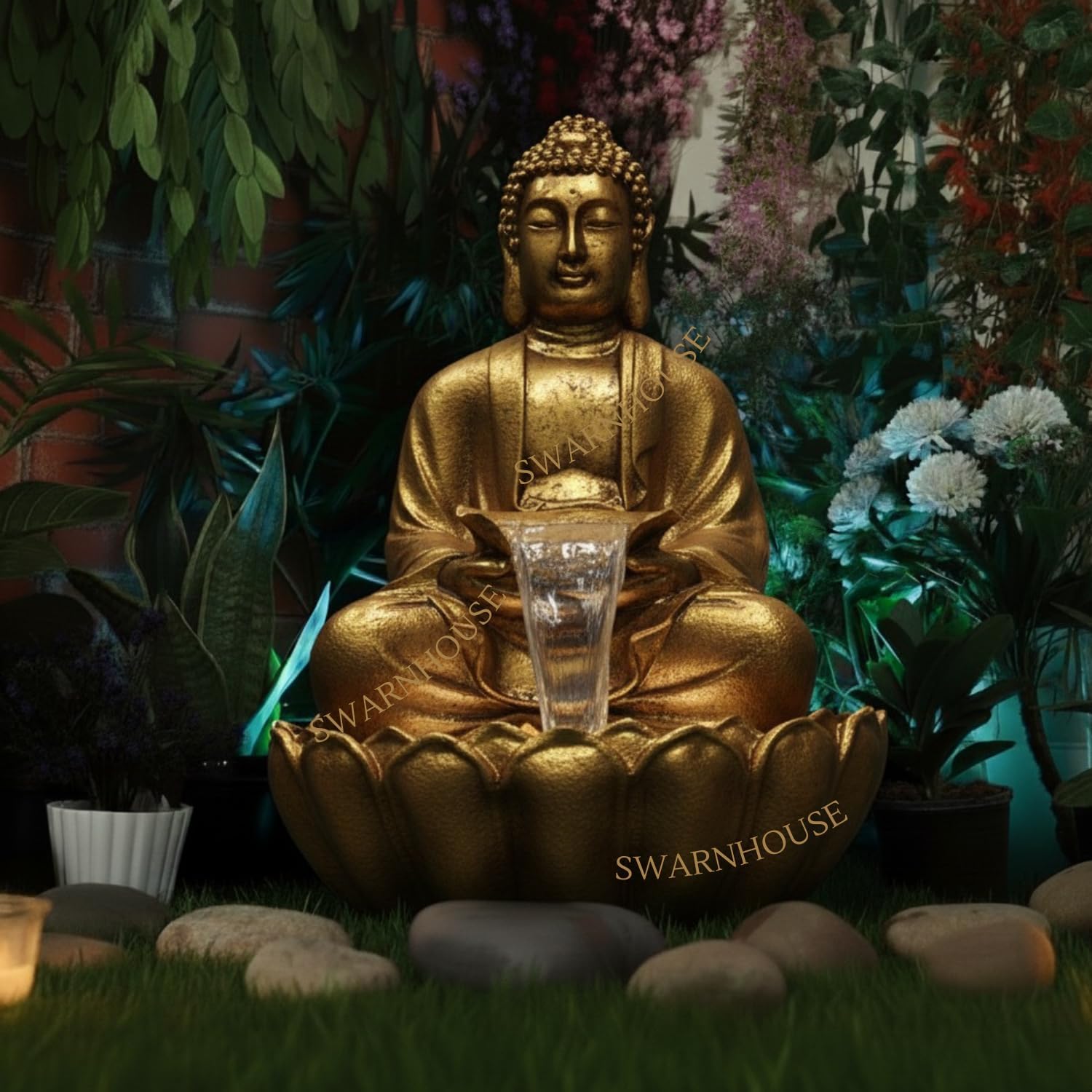 Swarnhouse Buddha Lotus Water Fountain with Light, 91 cm, Decorative Outdoor Garden Fountain for Home and Office 3 Feet (Antique Gold)