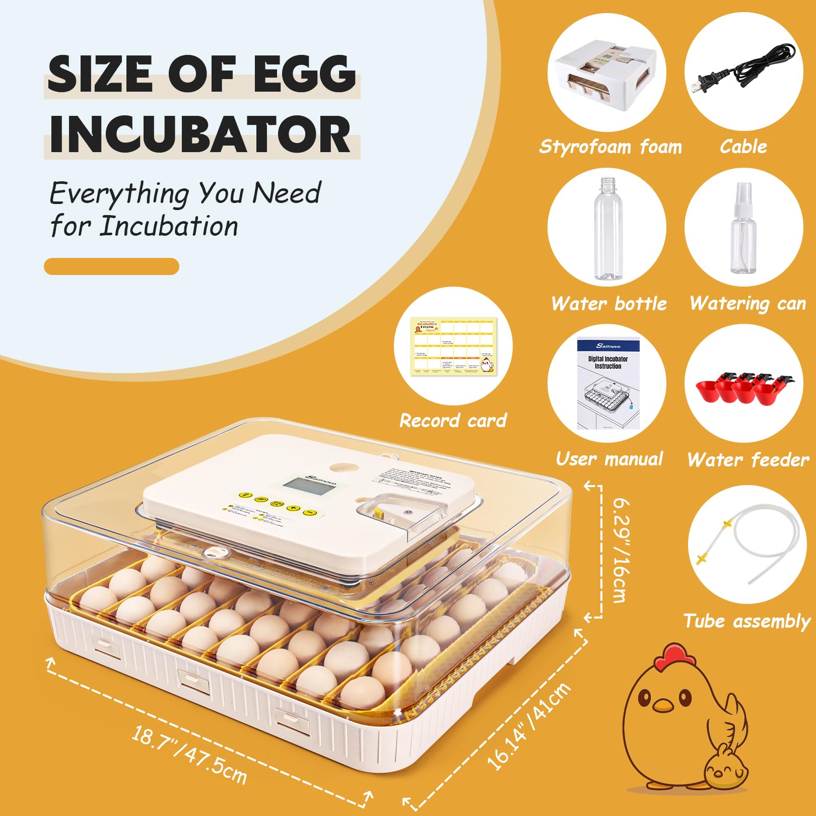 Sailnovo Incubatrici Automatica Per 56 Uova, Incubatrice Con Girauova Automatico, LED Per Uova, Temperatura Precisione, E Umidificazione Automatica, Visione a 360°, Giallo