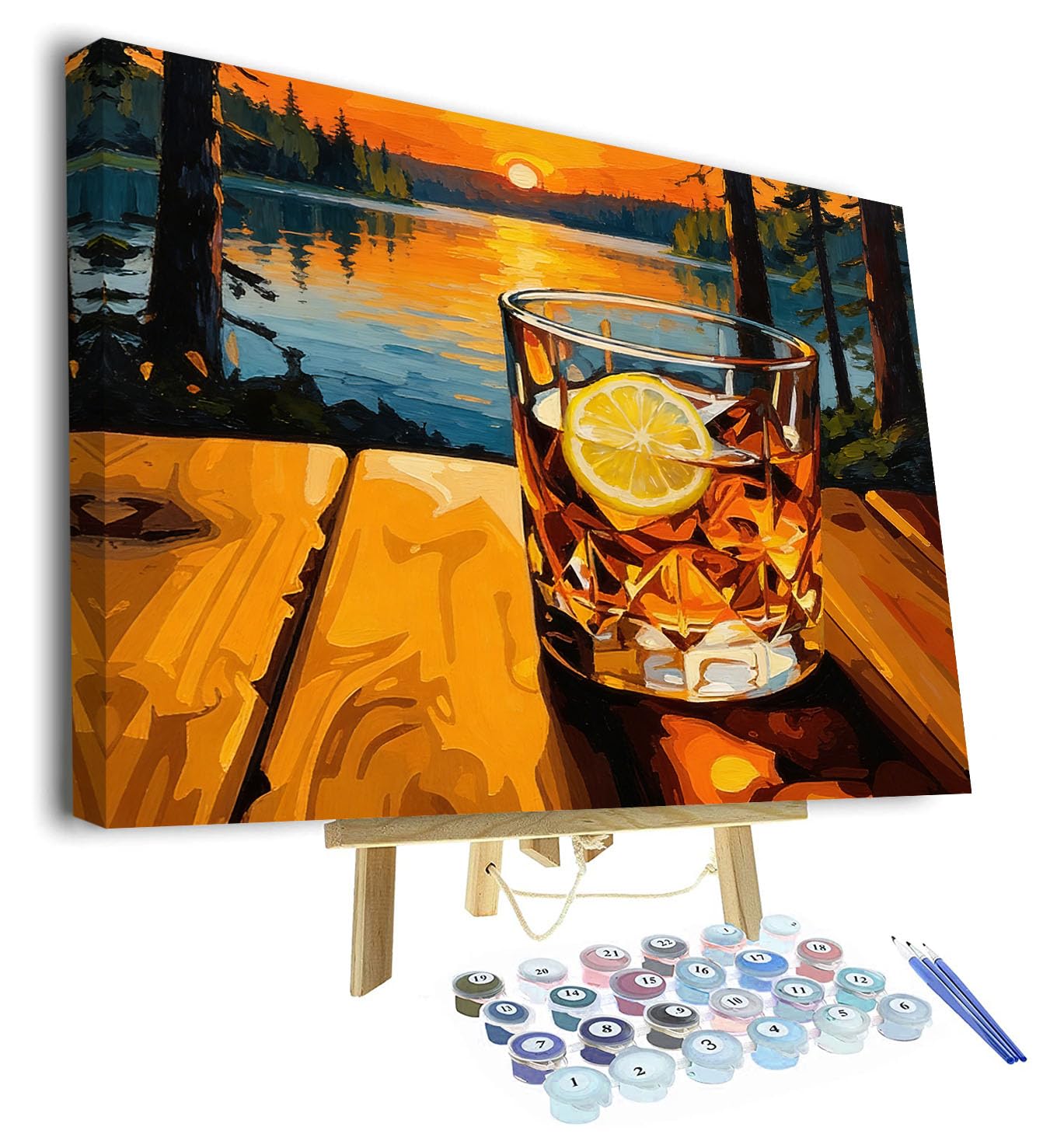 TISHIRON Adult Paint by Number Kits for Beginner, Paint by Numbers Kit for Adults - Whiskey Glass with Serene Lake Sunset Landscape, DIY Art for Home Decor & Relaxation(16x20 Inch, Framed)