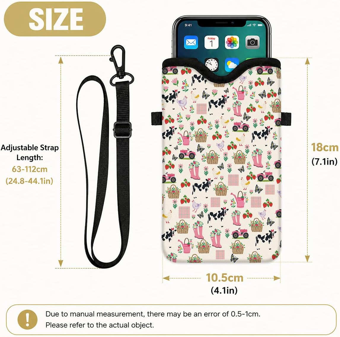 Neoprene Phone Sleeve Pouch Case Bag with Crossbody Strap, Farm Life image 3