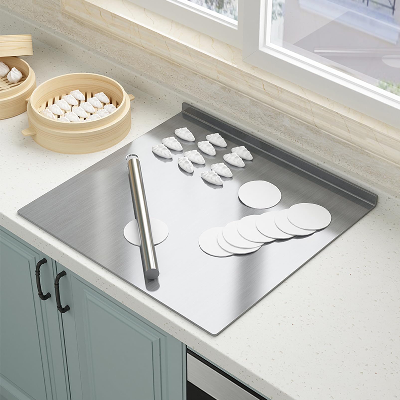 Tabla de Cortar de Acero Inoxidable 304 Extra Grande - Tabla de Masa Fácil de Limpiar Para Amasar, Placa de Cocina Plegable de 2 cm (58 x 60 cm)